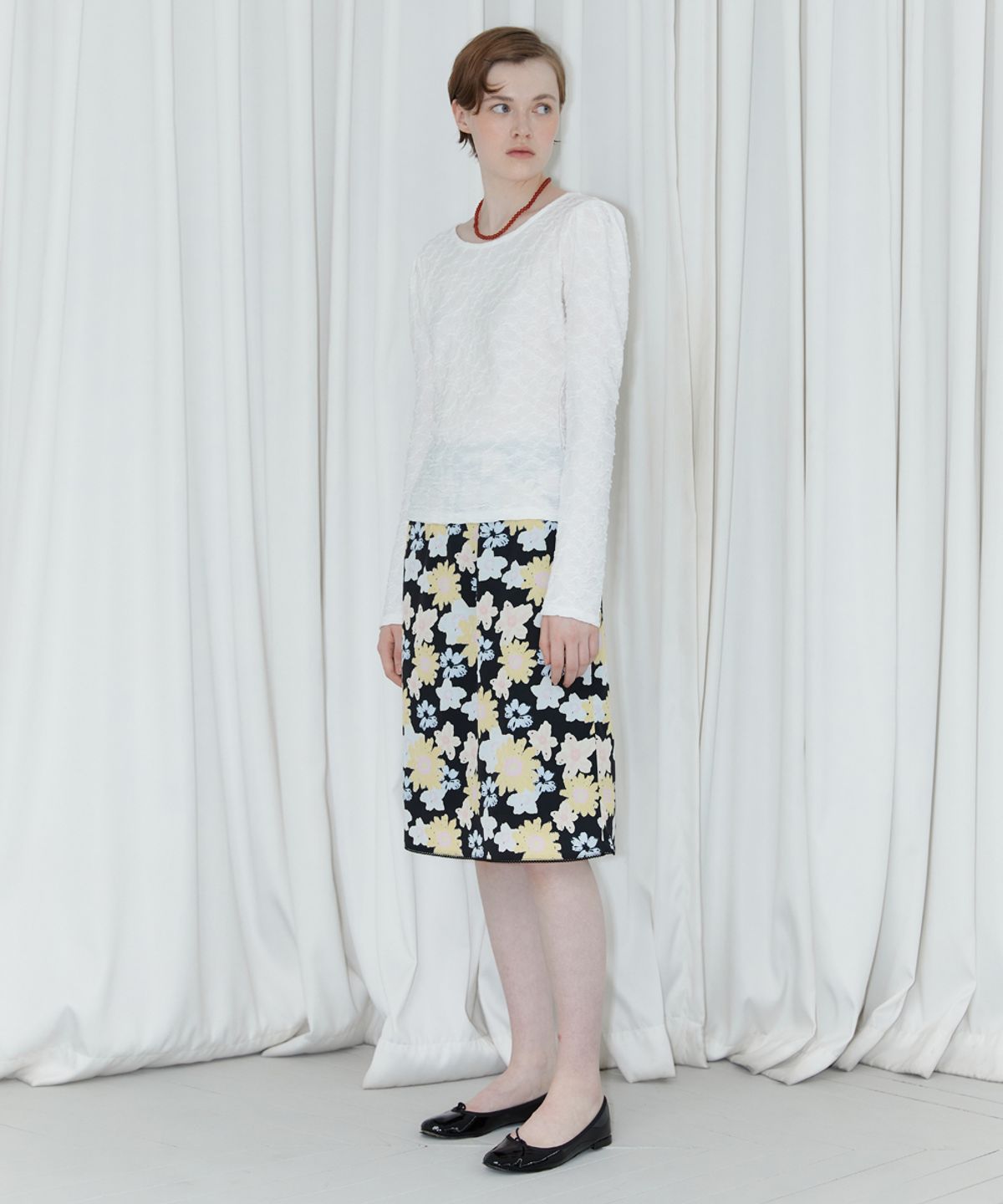 시눈(SINOON) JACQUARD PUFF SLEEVE T-SHIRT (WHITE)