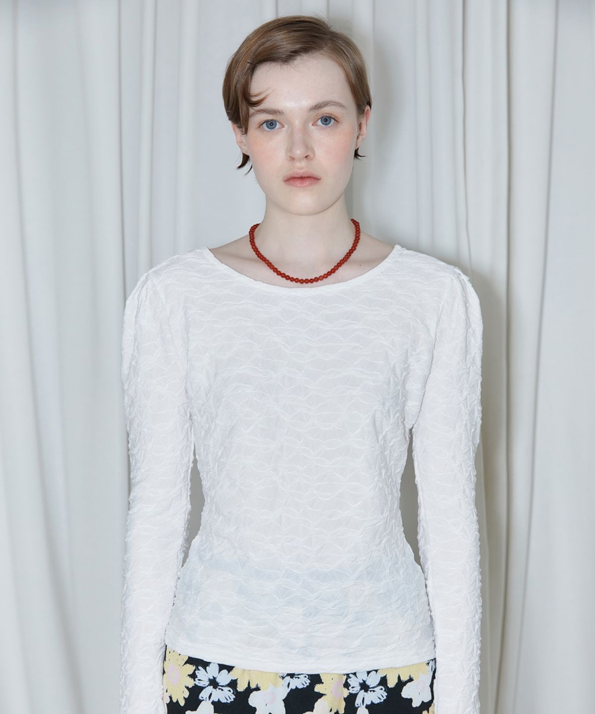 시눈(SINOON) JACQUARD PUFF SLEEVE T-SHIRT (WHITE)