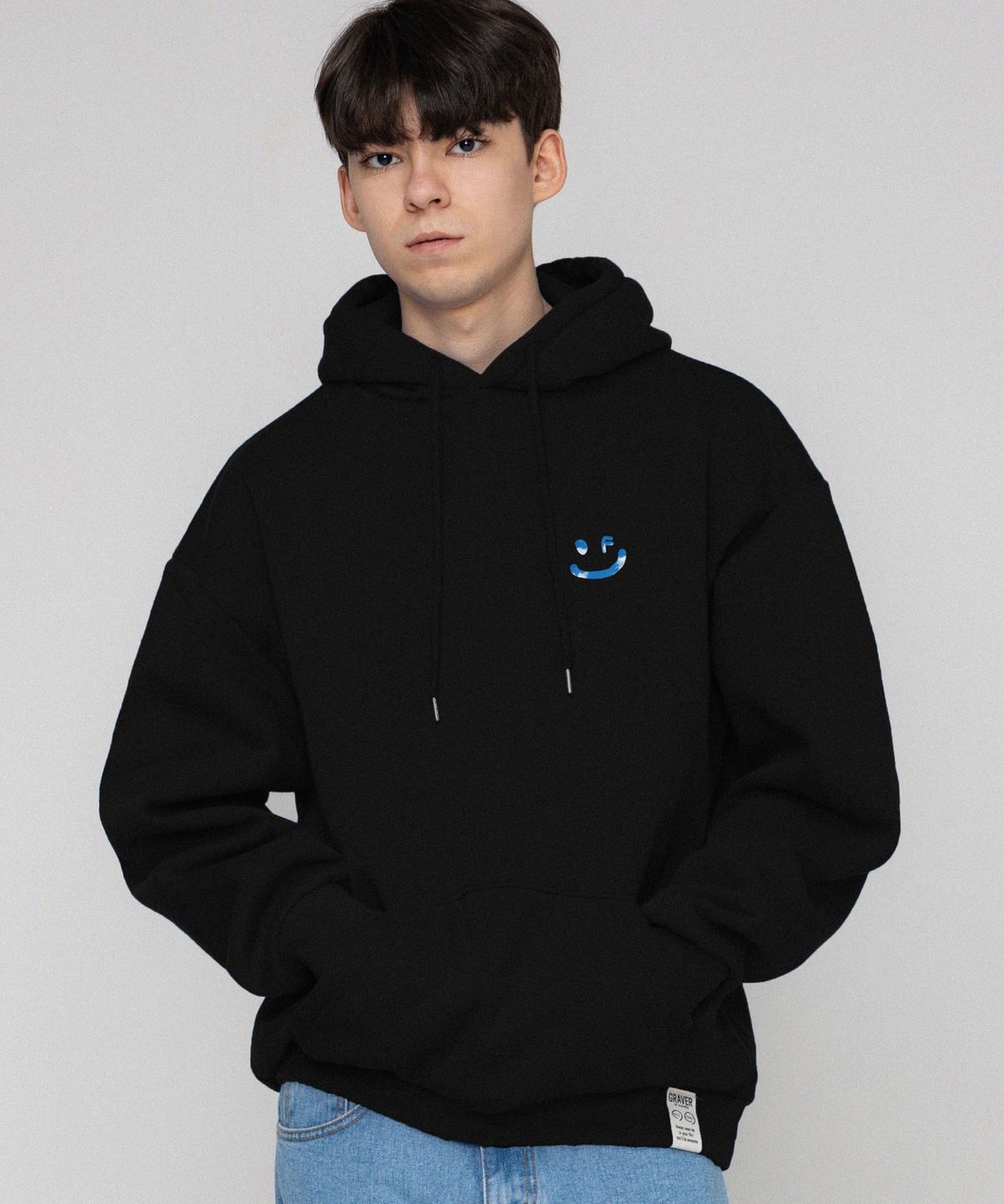 그레이버(GRAVER) [UNISEX]SKY 구름 드로잉스마일 후드티_블랙