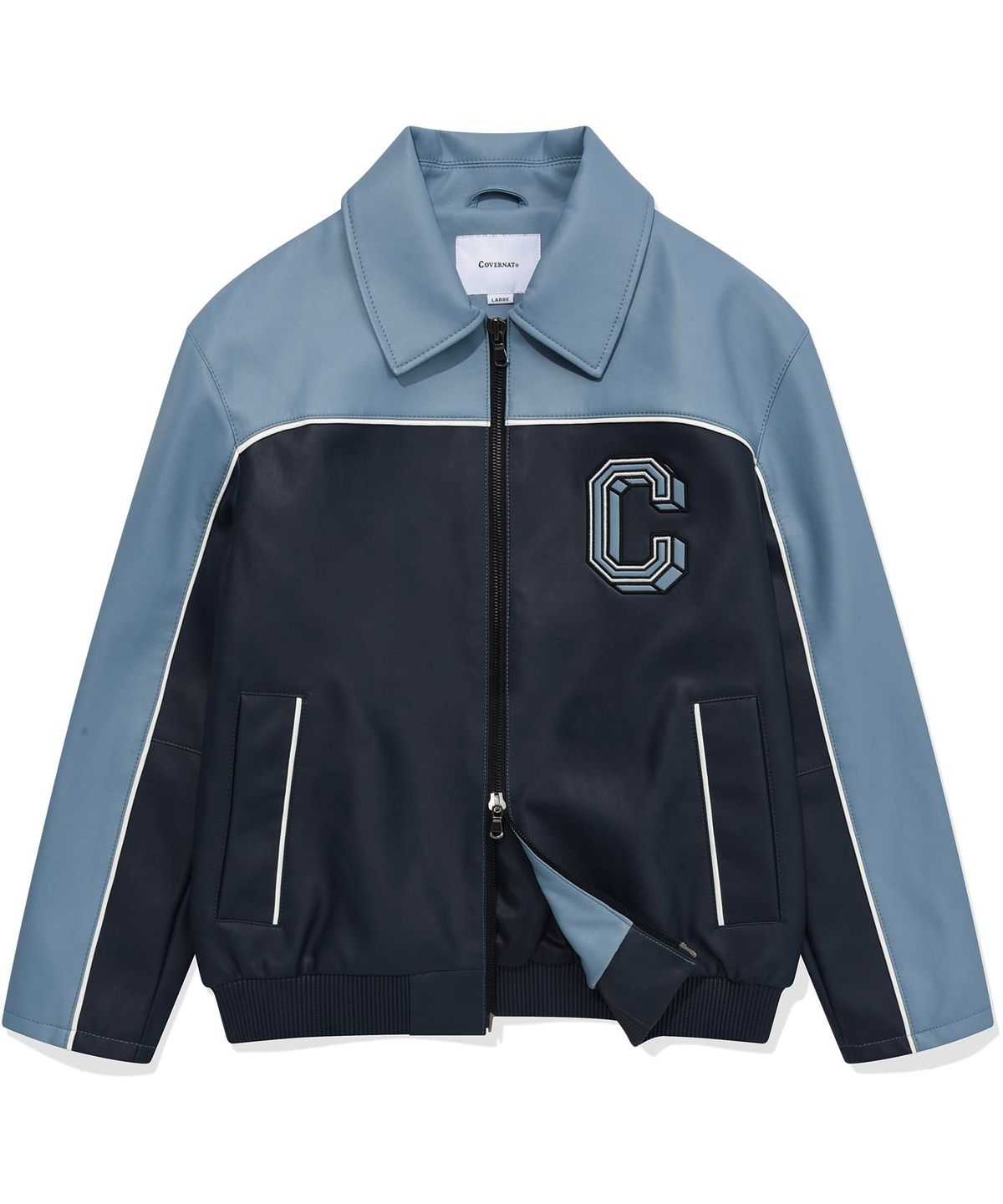 커버낫(COVERNAT) C 로고 레이싱 신세틱 레더 자켓 Navy