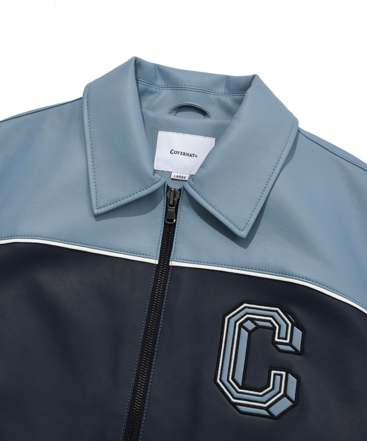 커버낫(COVERNAT) C 로고 레이싱 신세틱 레더 자켓 Navy