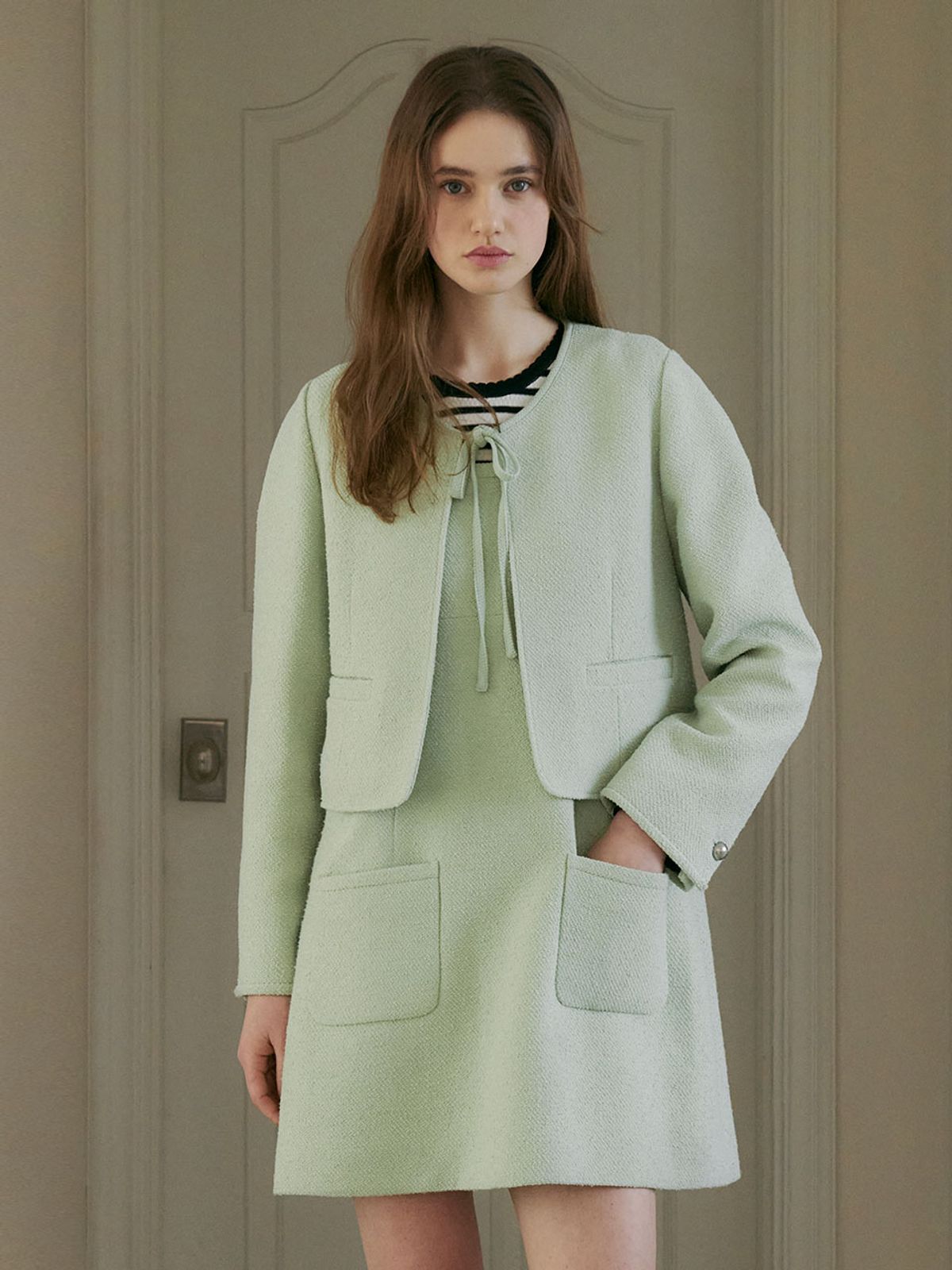 오더먼트 바이 보카바카(OTHEMENT BY VOCAVACA) Tweed Ribbon Jacket & Dress_2color