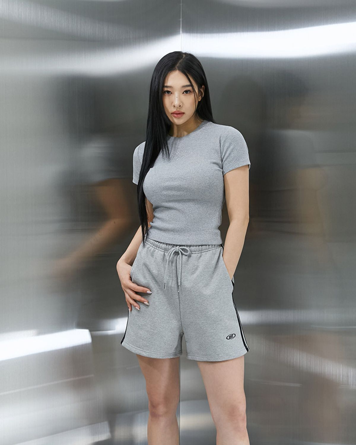 본투윈(BORN TO WIN) SPARKLING B RIBBED T-SHIRTS [MELANGE GREY]