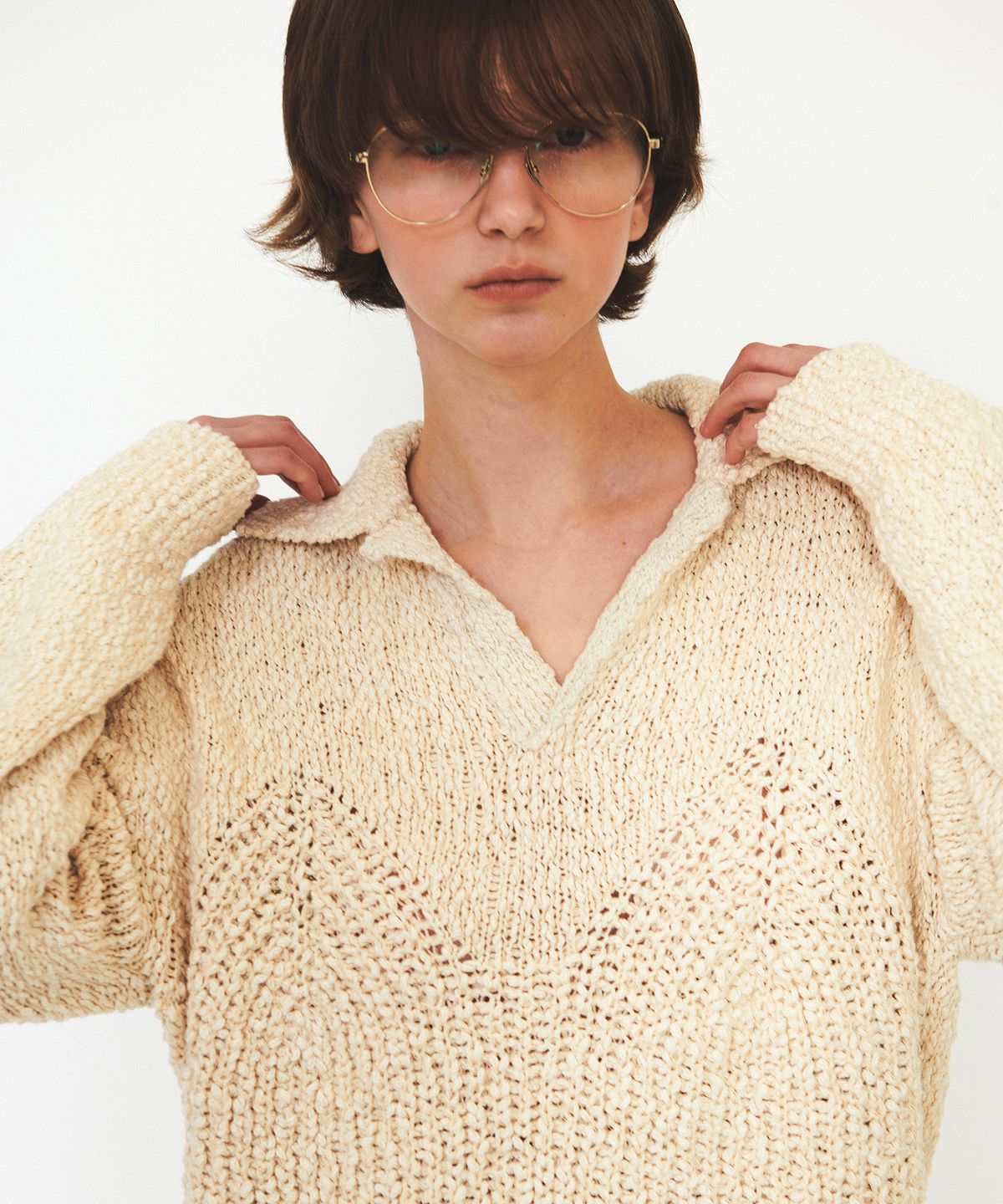 다이애그널(DIAGONAL) OPEN COLLAR OVERFIT KNIT (ivory)