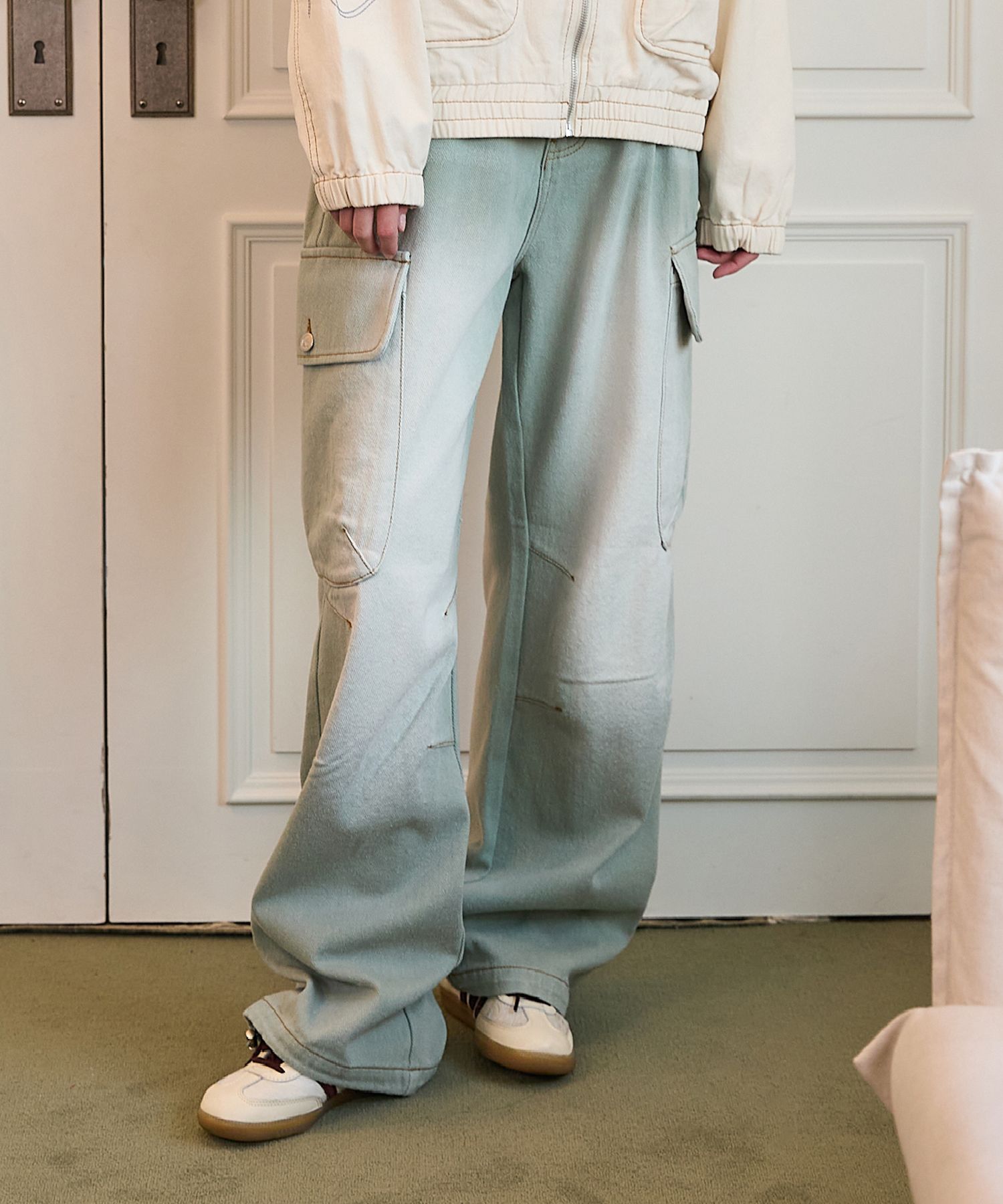 MUSINSA | WAI KEI Parachute Cargo Washed Denim Pants Mint