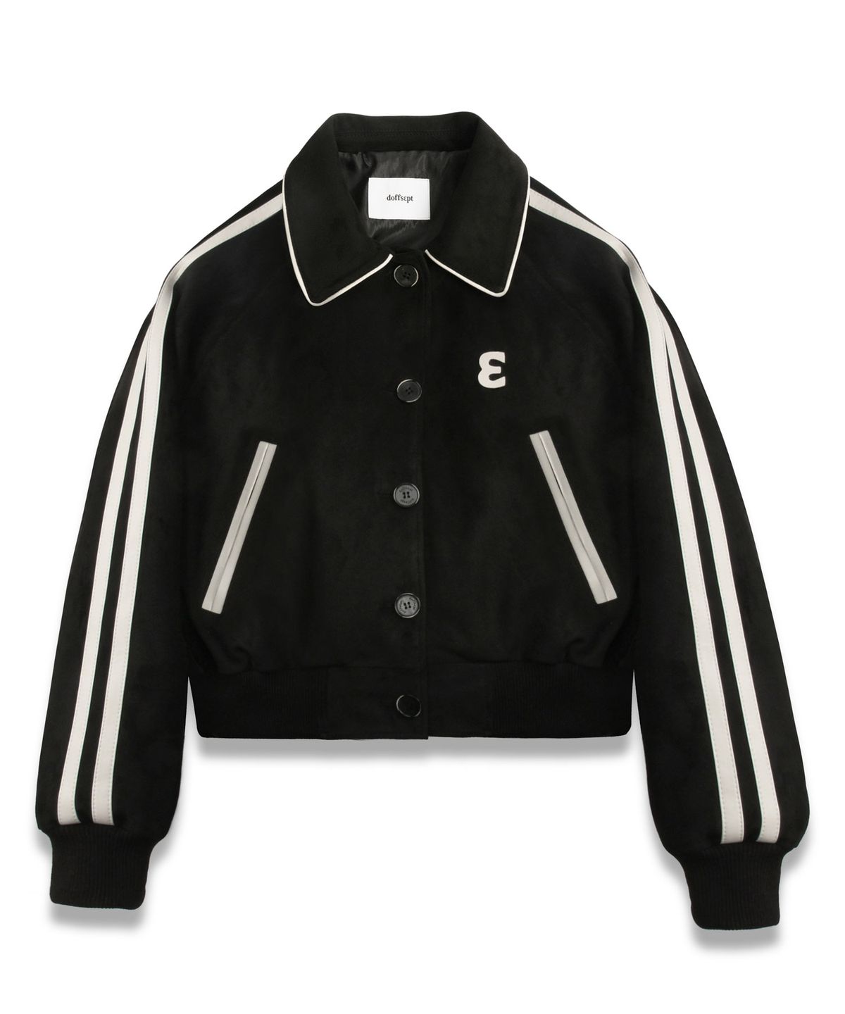 도프셉(DOFFSEPT) Vegan Leather Suede Varsity Jacket in Black