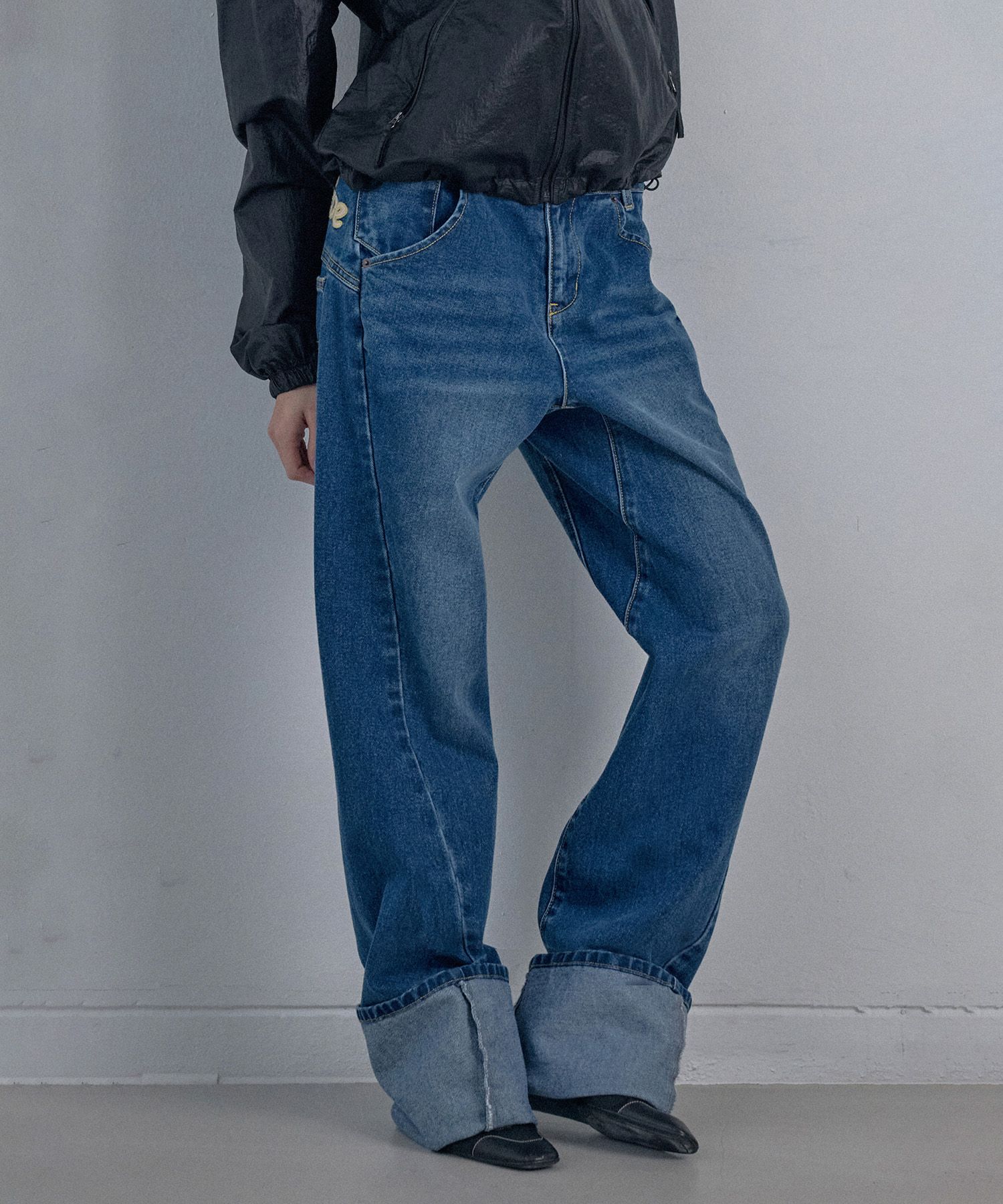 ★SCULPTOR★ Applique RollUp Denim Brushed Indigo SC24S413BL MUSINSA | SCULPTOR Applique Roll-Up Denim Brushed Indigo