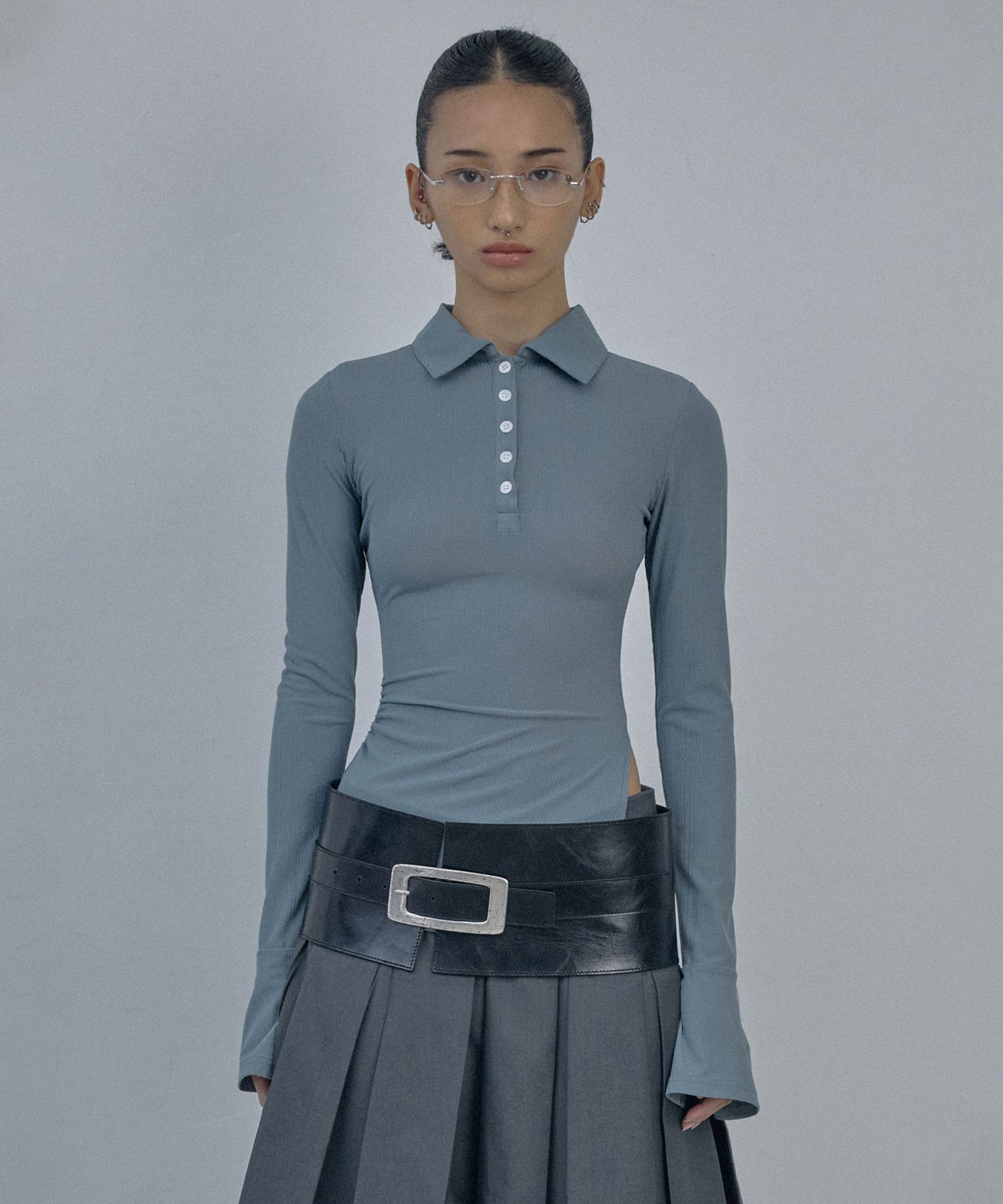 ★SCULPTOR★ Button Down Bell Sleeve Tee Blue Gray SC24S216B MUSINSA | SCULPTOR Button Down Bell Sleeve Tee Blue Gray