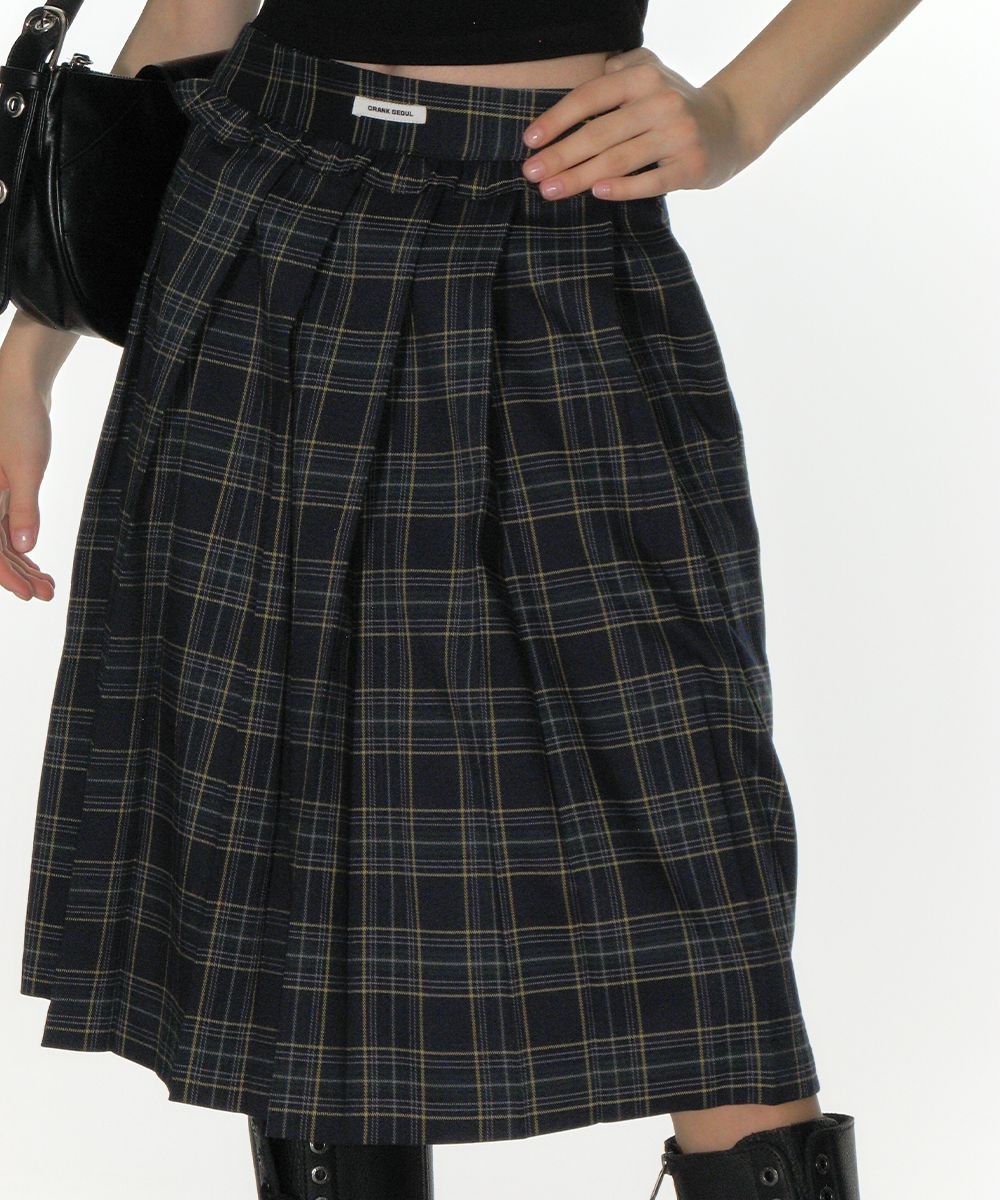 MUSINSA公式 | CRANK Check frill pleated midi skirt_navy