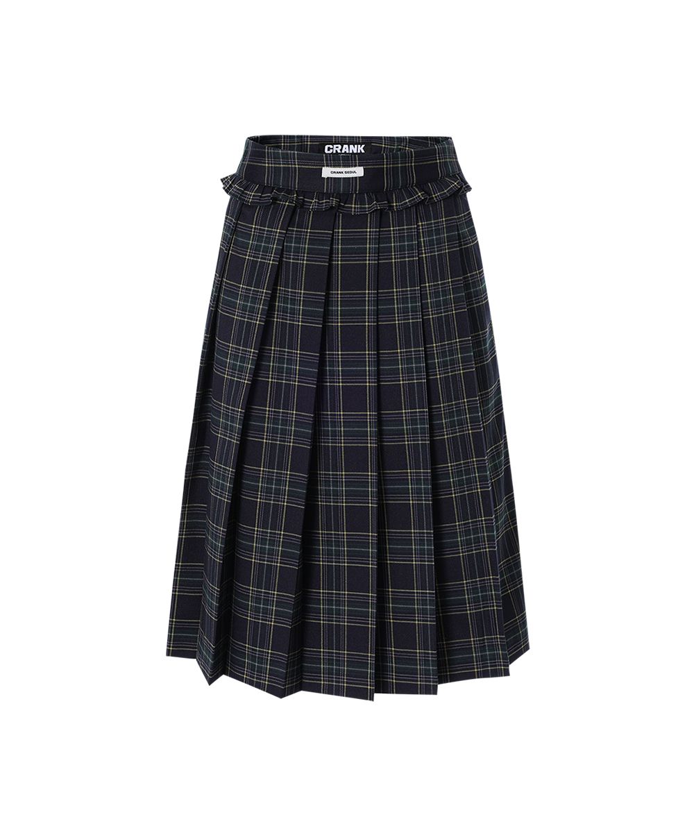 MUSINSA | CRANK Check frill pleated midi skirt_navy