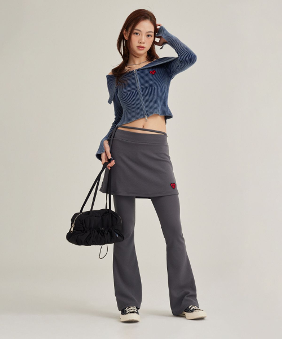 캔버스(CNVS) 베티붑 스트랩 스커트 레이어드 부츠컷 팬츠_차콜