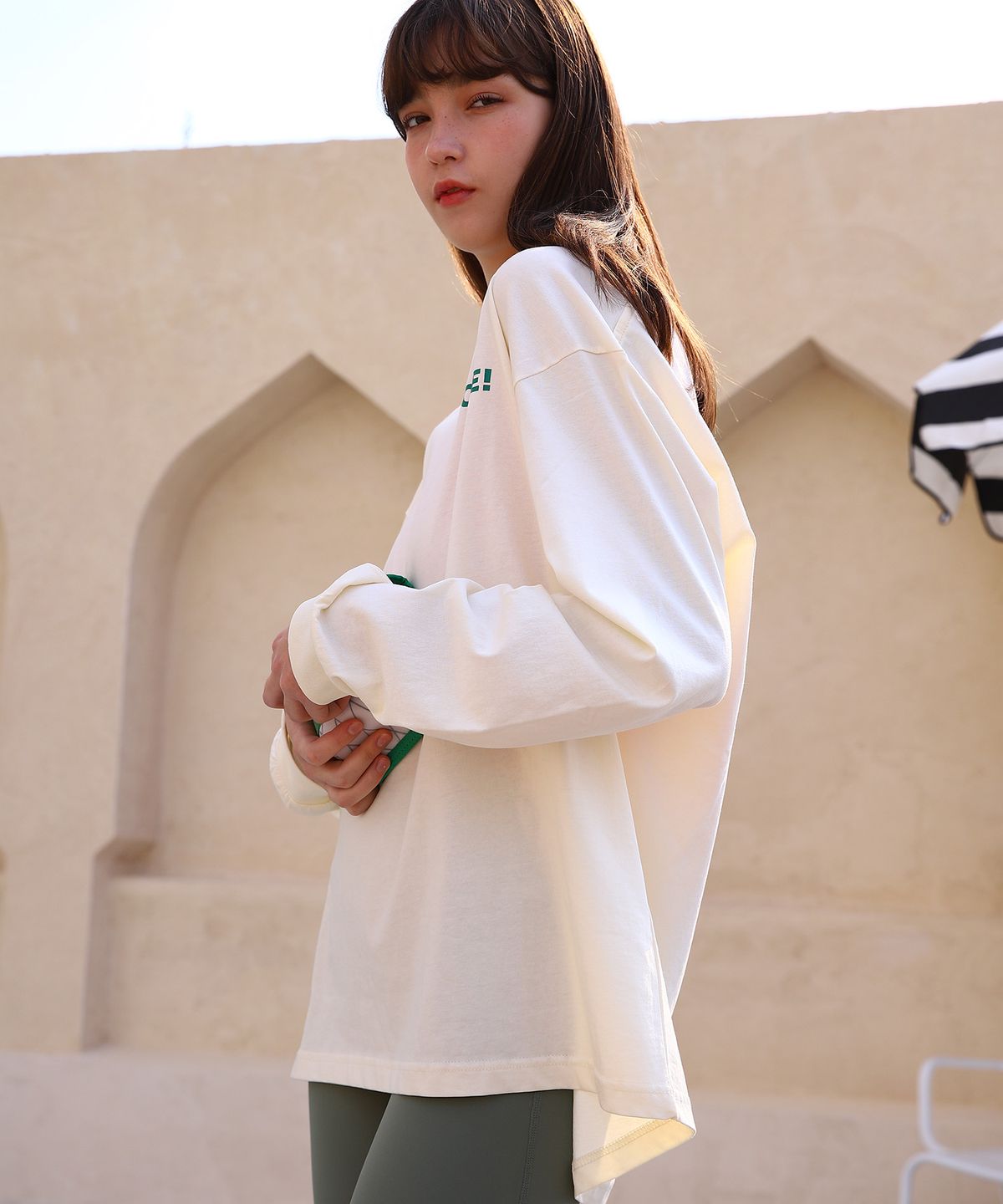 파이브아워스(5HOURS) DOPE LONG T-SHIRTS_CREAM/GREEN