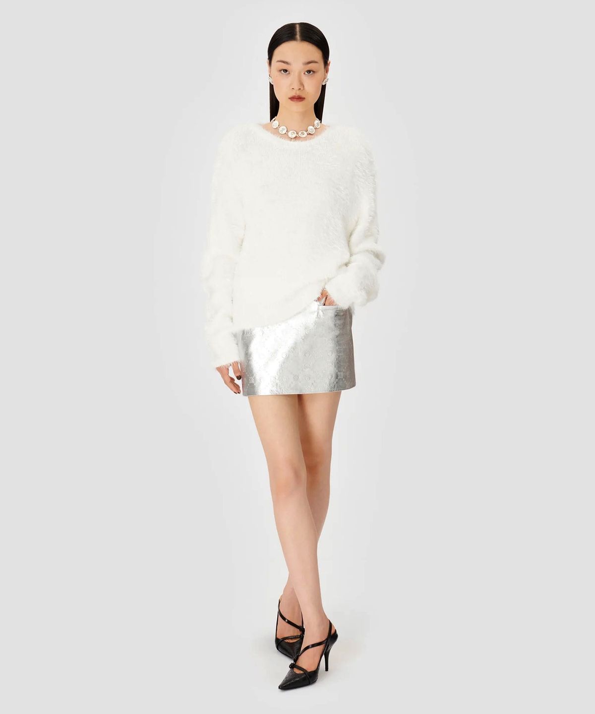 마린 세르(MARINE SERRE) (W) 와일드 퍼피 니트 크루넥 풀오버 오프 화이트 WILD PUFFY KNIT CREWNECK PULLOVER OFF WHITE