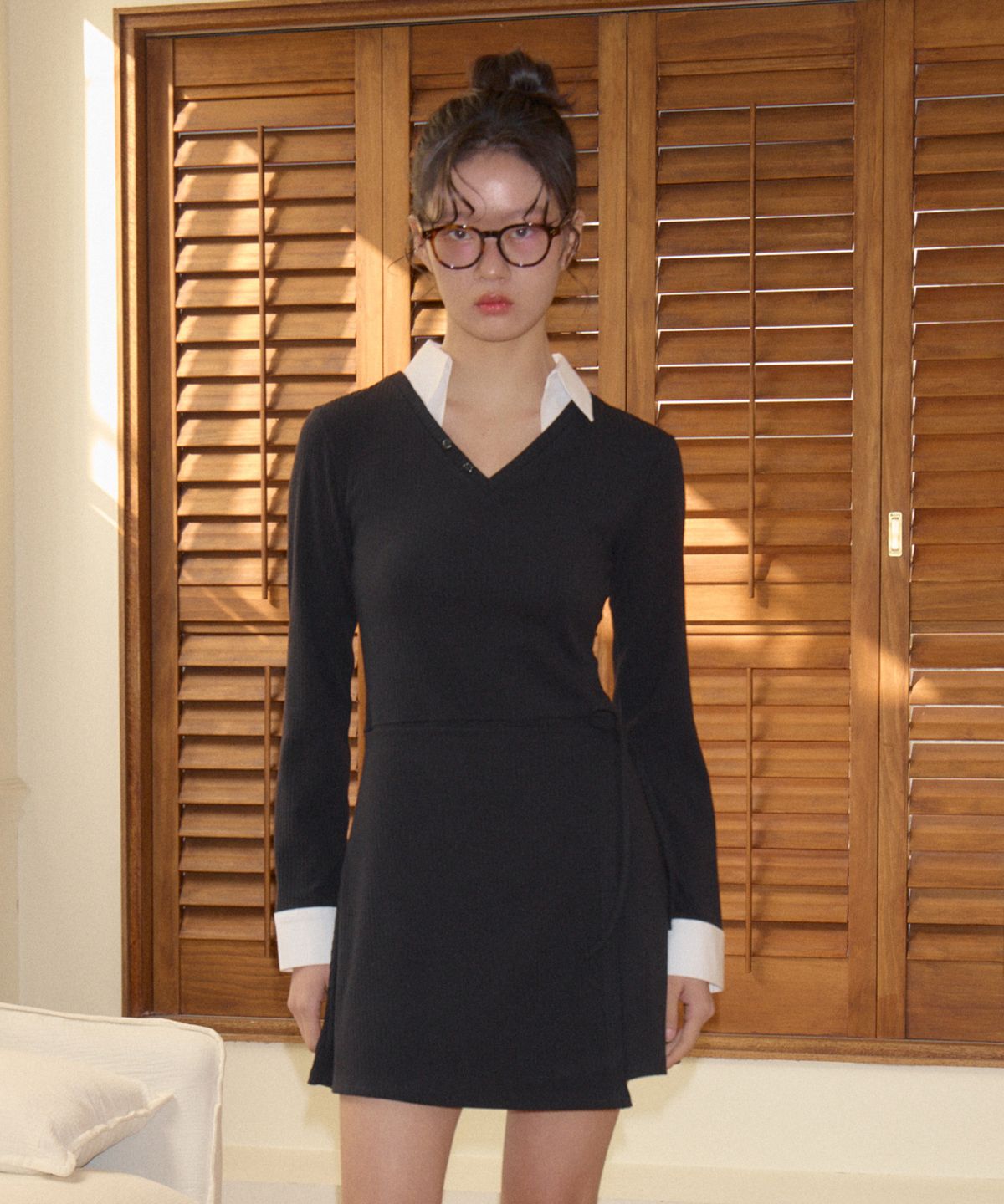 살롱 드 욘(SALON DE YOHN) Shirt Detail Jersey Dress_ Black
