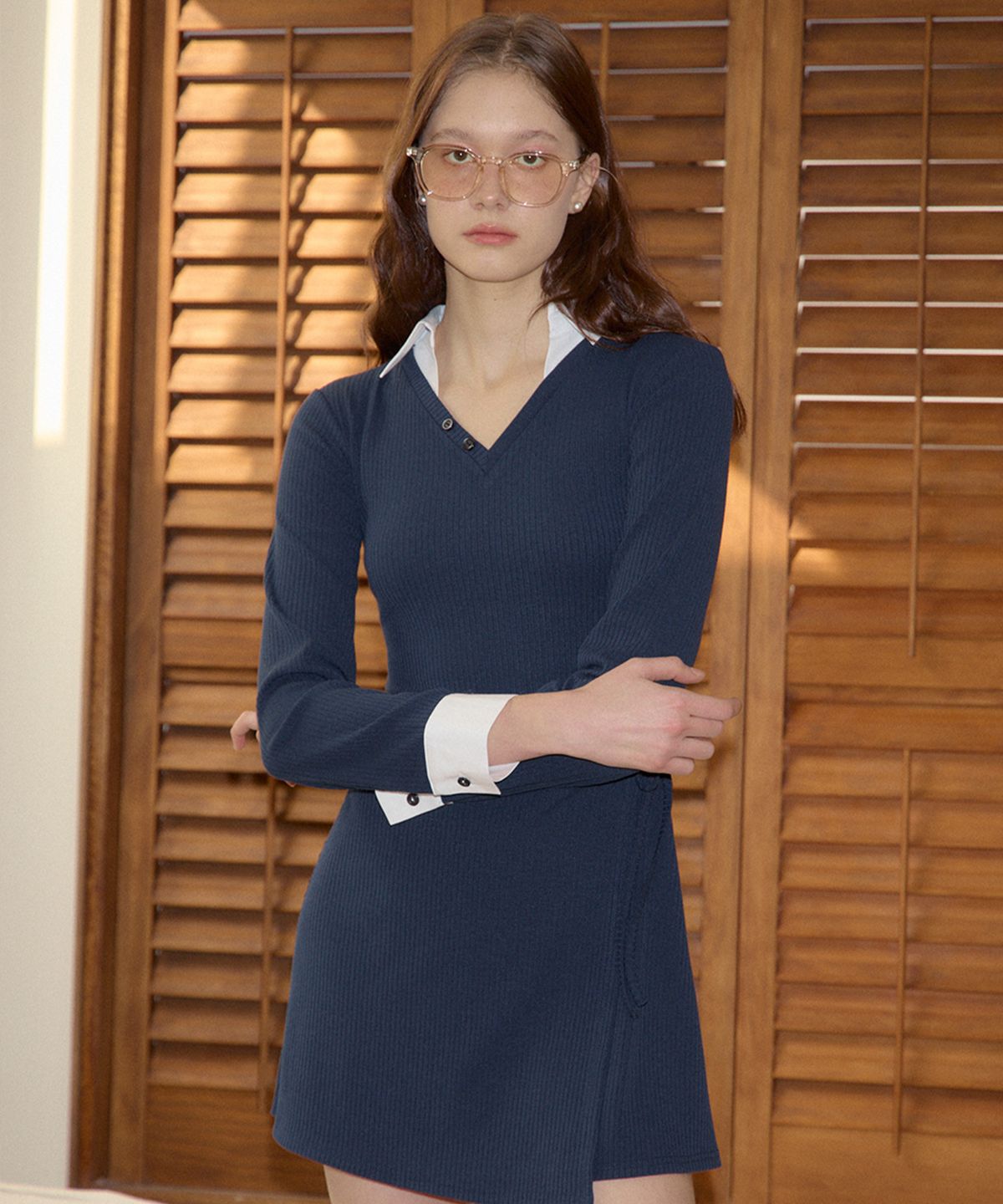 살롱 드 욘(SALON DE YOHN) Shirt Detail Jersey Dress_ Navy
