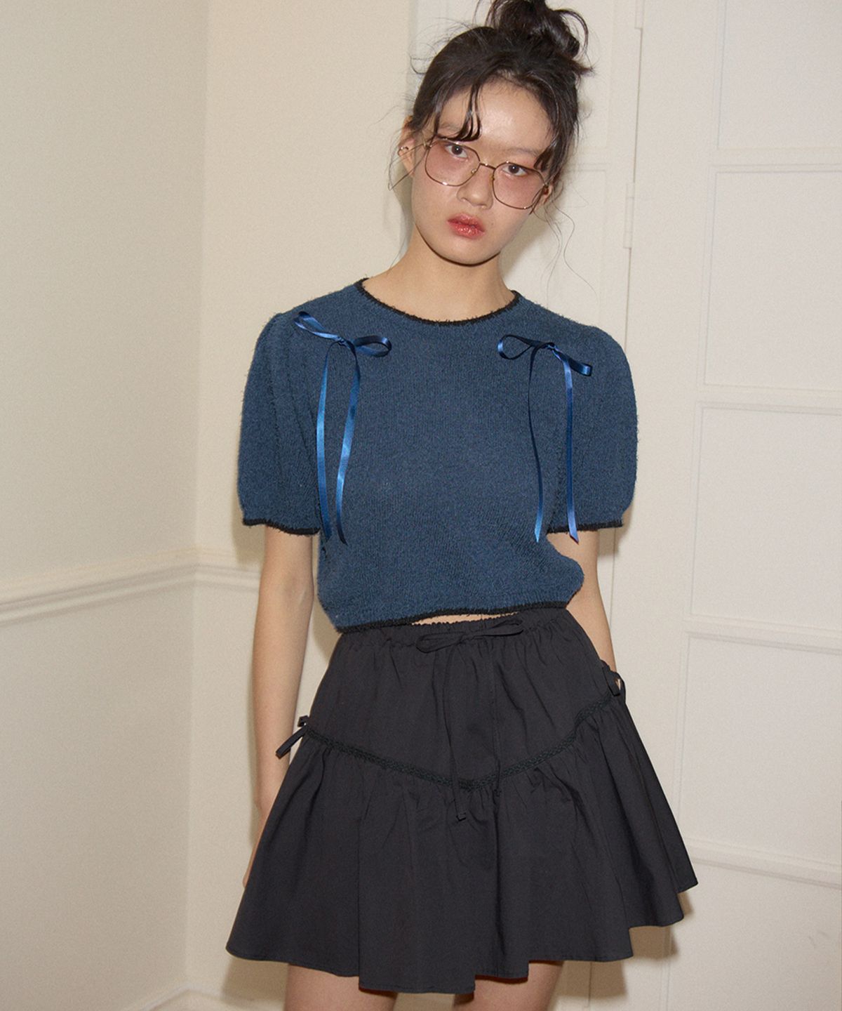 살롱 드 욘(SALON DE YOHN) Ribbon Shirring Mini Skirt_ Black