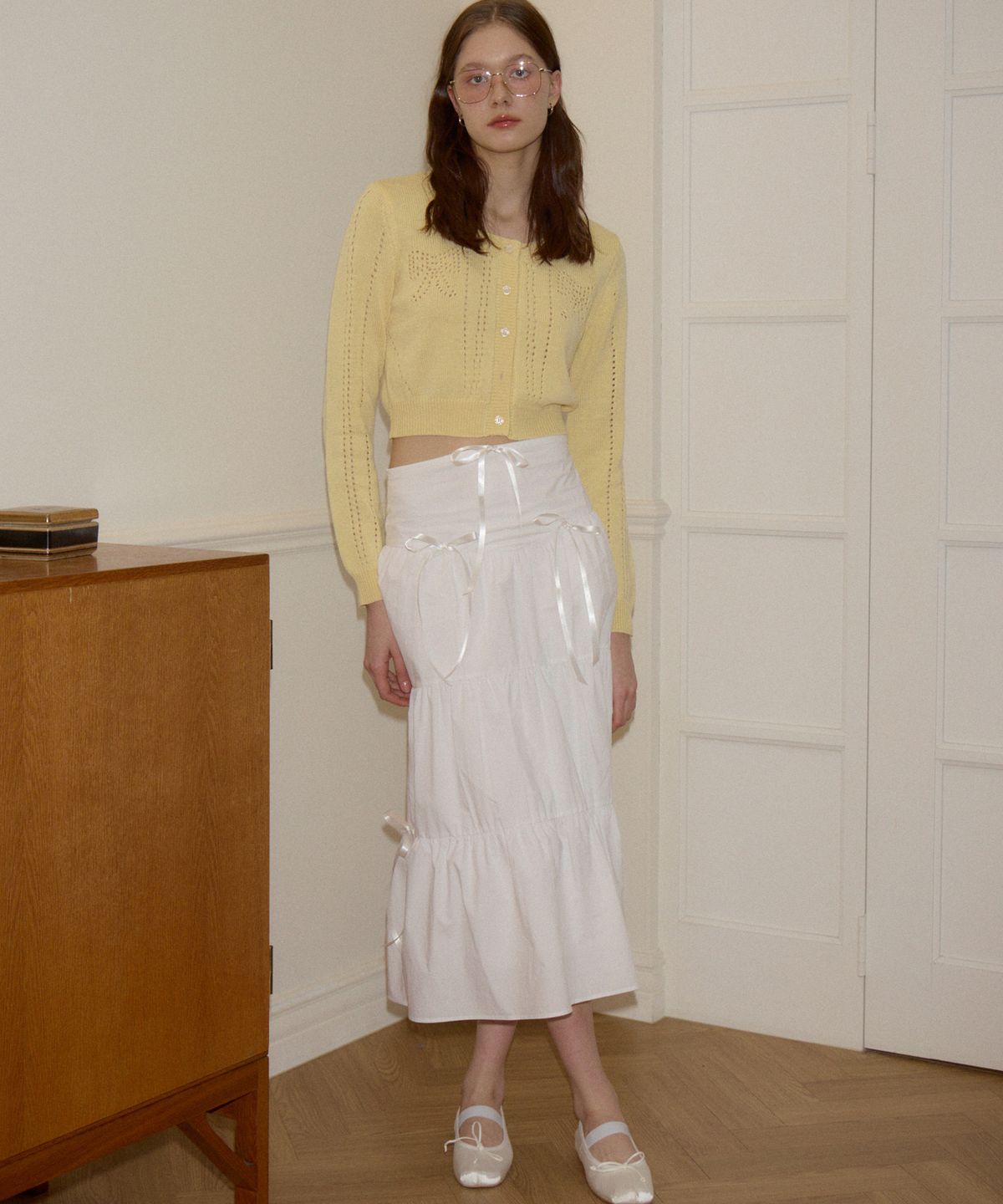 살롱 드 욘(SALON DE YOHN) Romantic Ribbon Long Skirt_ White