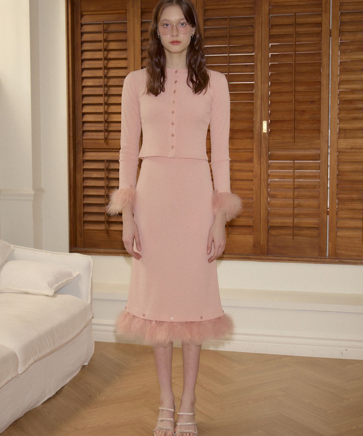 살롱 드 욘(SALON DE YOHN) Fur Trimming Skirt_ Peach