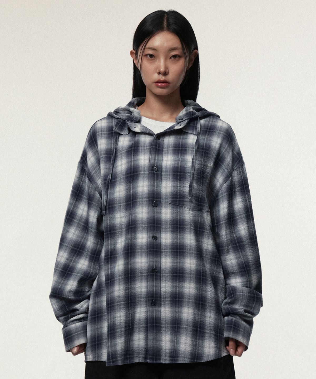아이돈워너셀(IDWS) Hooded Checkered Shirt Blue