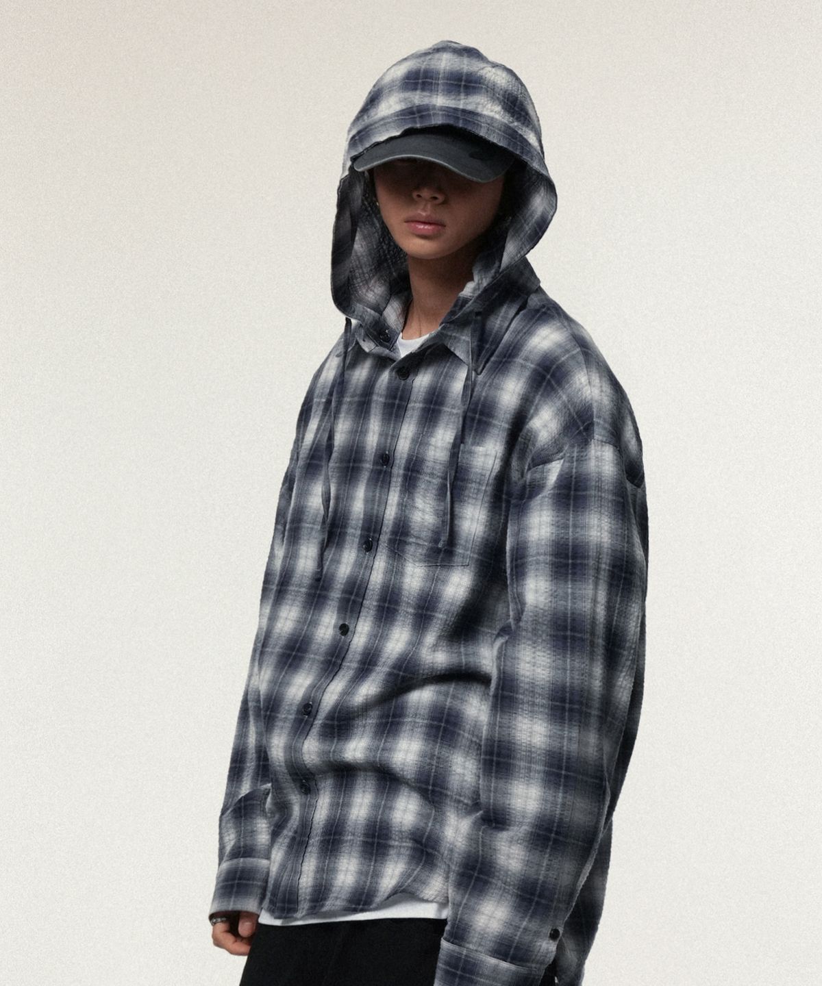 아이돈워너셀(IDWS) Hooded Checkered Shirt Blue
