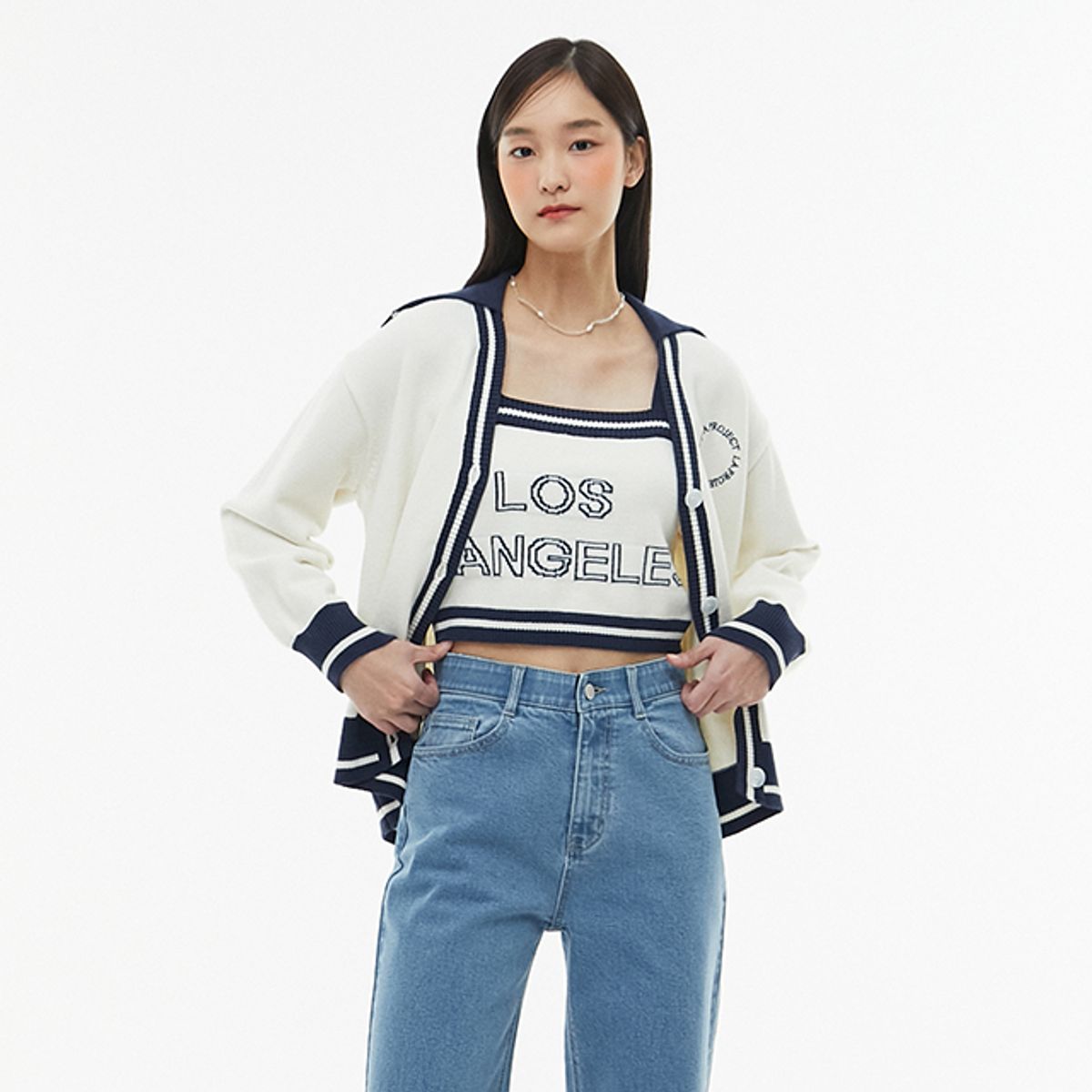 랩(LAP) (SET-아우터) 단배색 카라형 니트 가디건 AQ1KG160