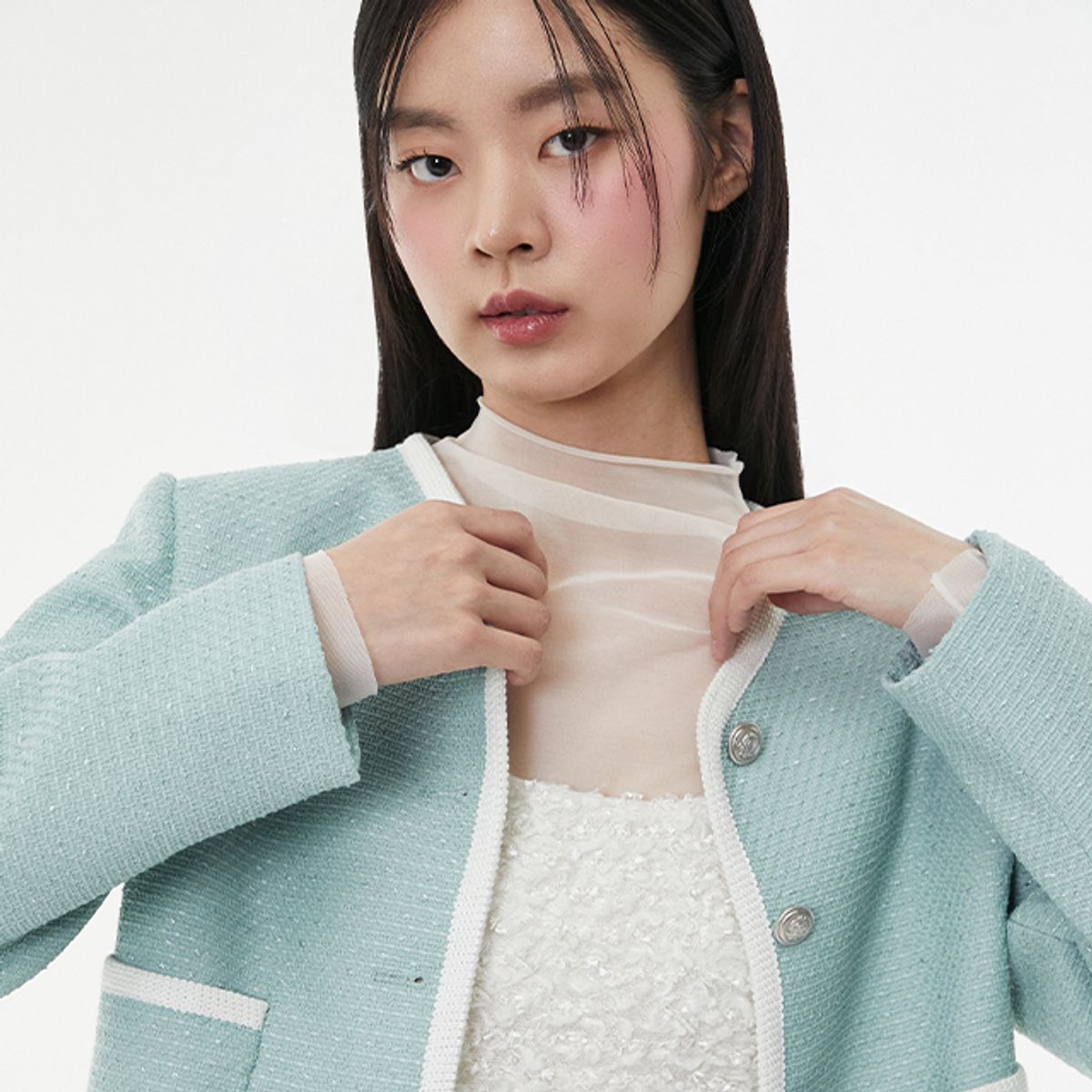 랩(LAP) (SET-상의) 배색해리 노카라 트위드 자켓 AQ1WJ266