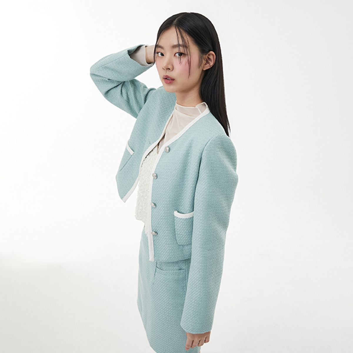 랩(LAP) (SET-상의) 배색해리 노카라 트위드 자켓 AQ1WJ266