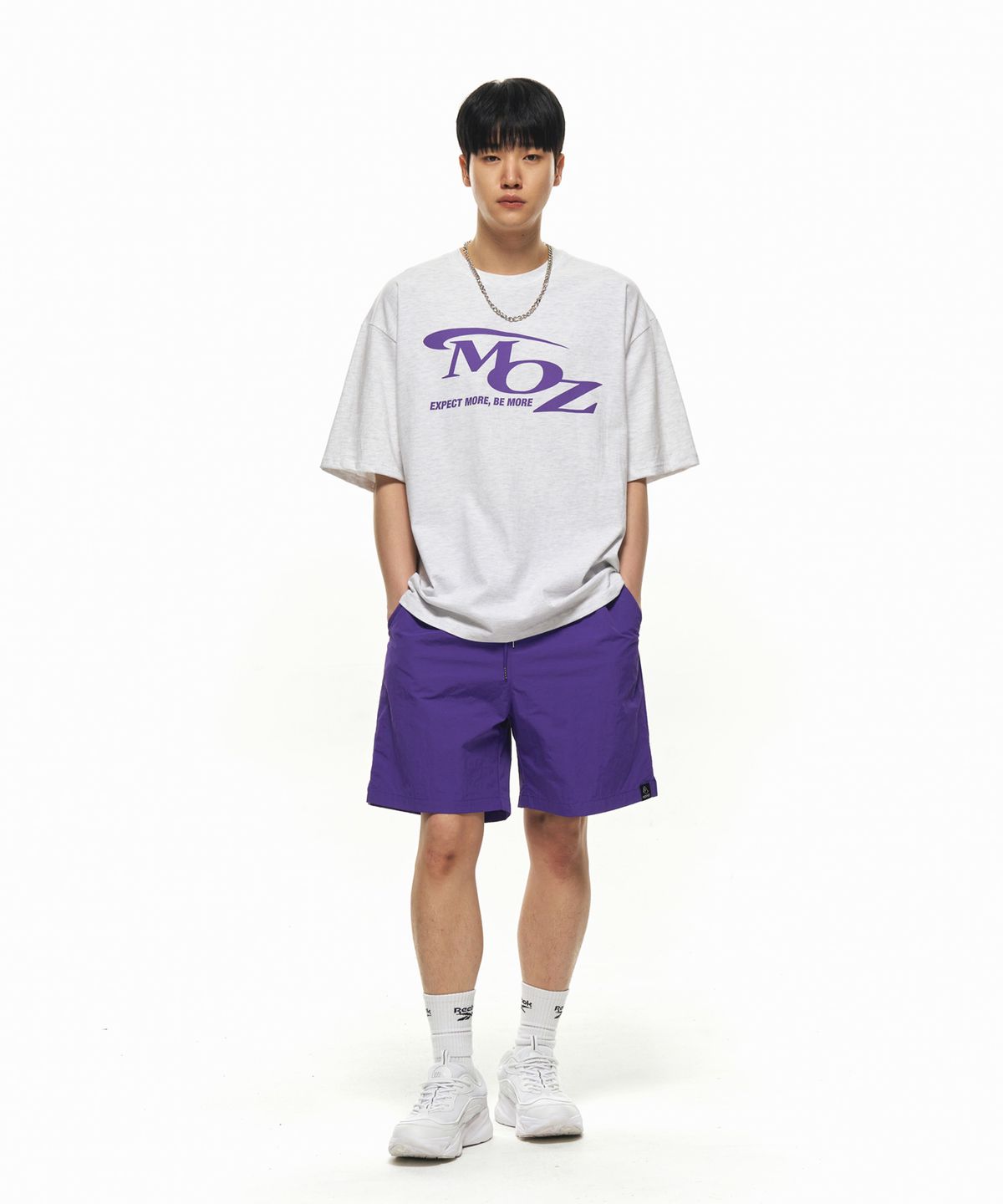 모즈모즈(MOZMOZ) [SET] 반팔 액티브로고 나일론 팬츠 세트 퍼플