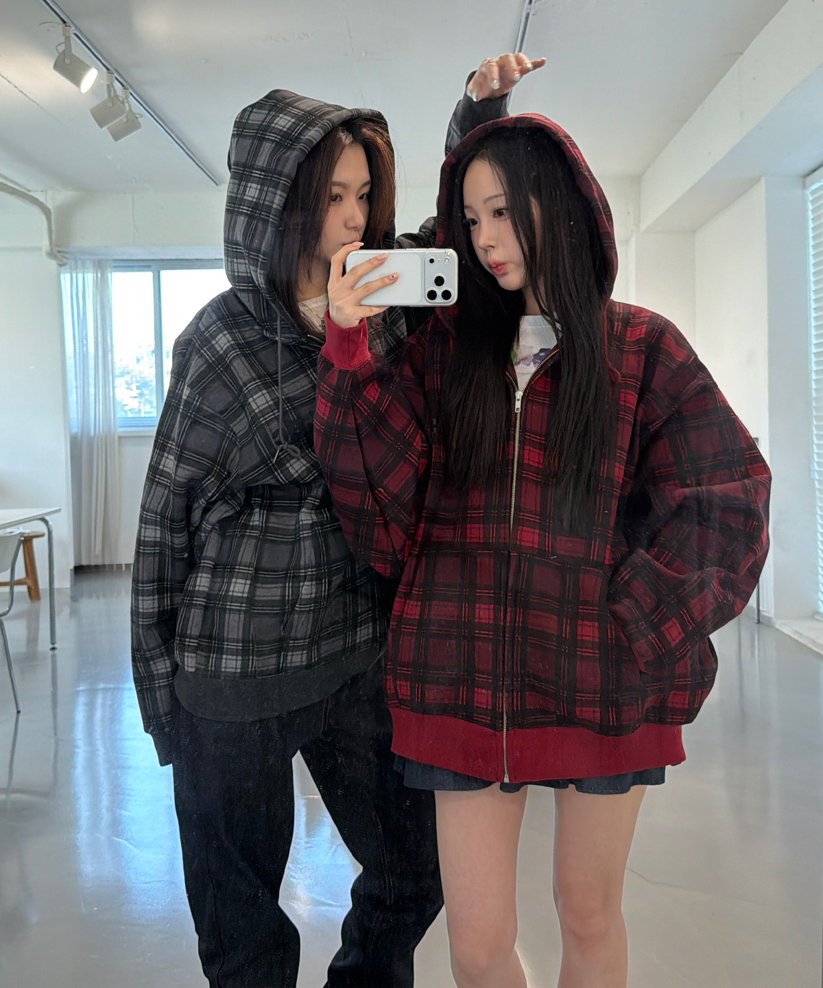 챈스챈스(CHANCECHANCE) CEC CHECK ZIP-UP HOODIE(RED)
