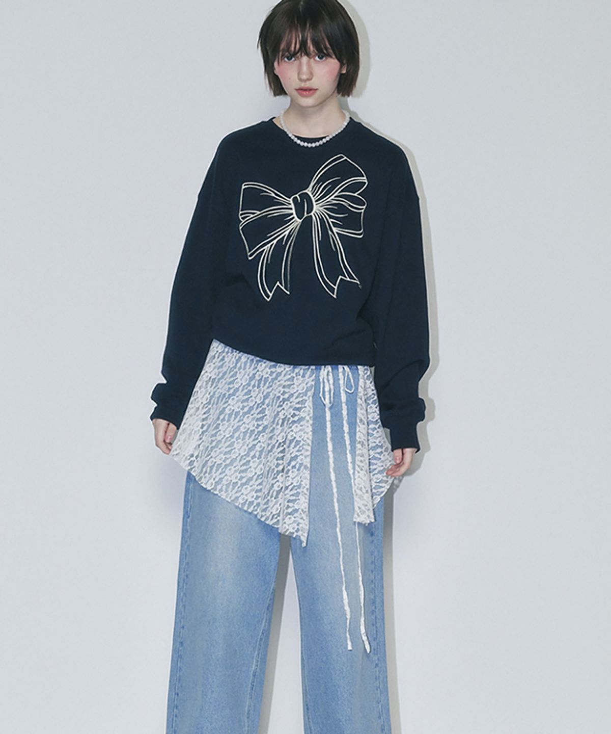 론론(RONRON) BIG RIBBON LINE SWEATSHIRT NAVY