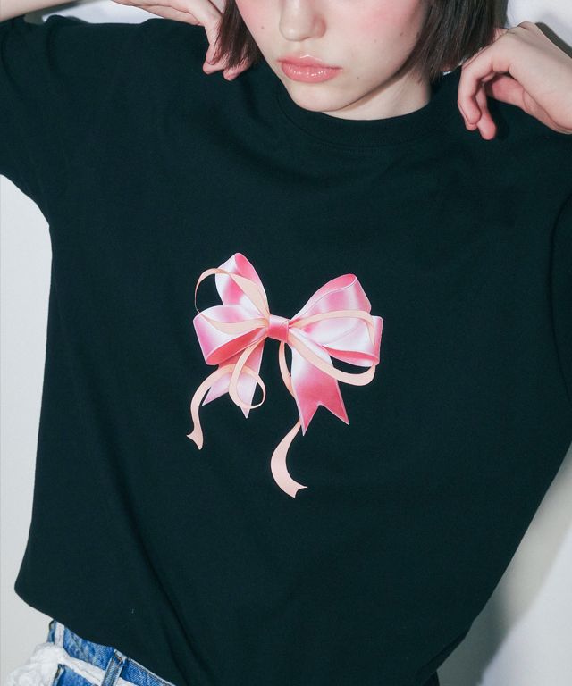 MUSINSA | RONRON DOUBLE RIBBON BASIC FIT T SHIRT BLACK PINK