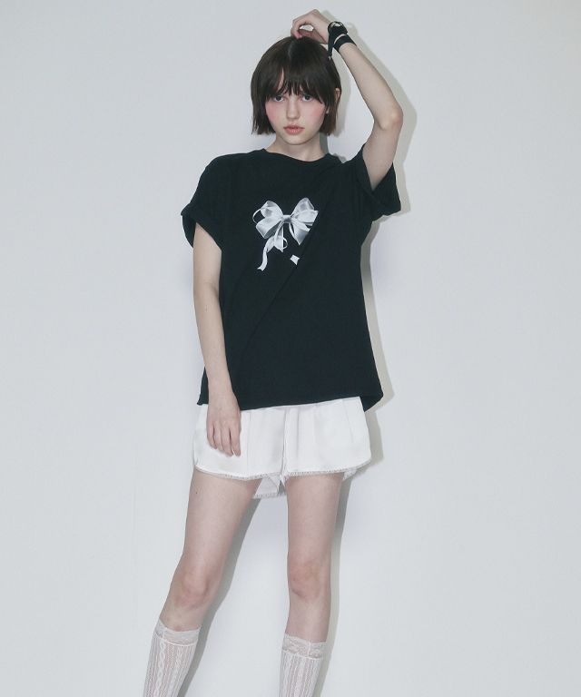 MUSINSA | RONRON DOUBLE RIBBON BASIC FIT T SHIRT BLACK SILVER