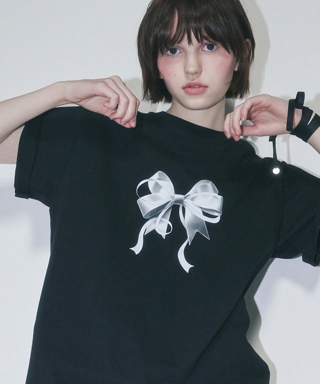MUSINSA | RONRON DOUBLE RIBBON BASIC FIT T SHIRT BLACK SILVER