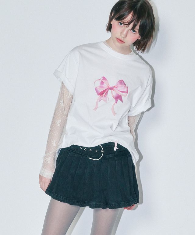 MUSINSA公式 | RONRON DOUBLE RIBBON BASIC FIT T SHIRT WHITE PINK