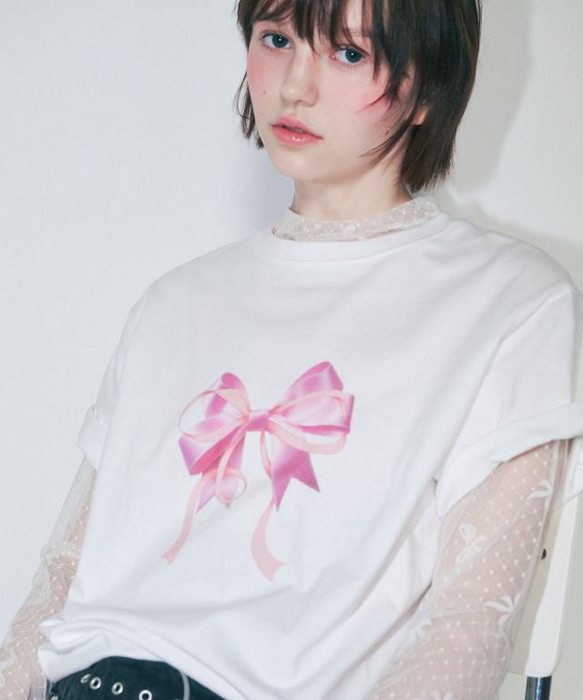 MUSINSA | RONRON DOUBLE RIBBON BASIC FIT T SHIRT WHITE PINK
