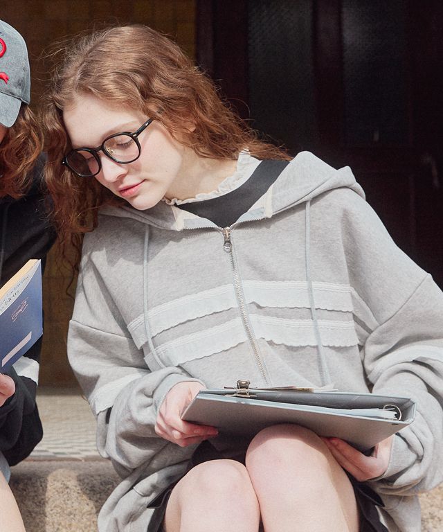 TORCHON RIBBON LACE OVERSIZED HOODIE MELANGE GREY - RONRON 론론