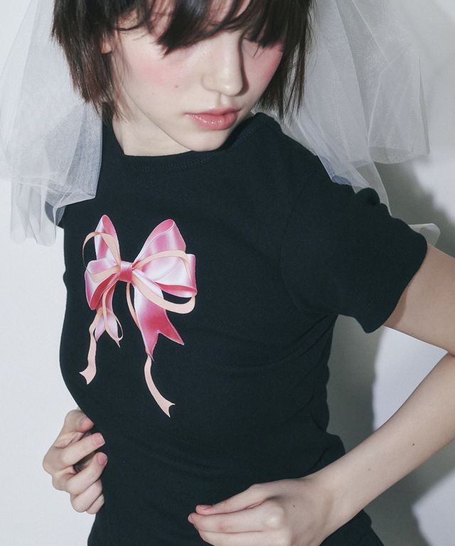 ◆RONRON◆ DOUBLE RIBBON SLIM CROP T SHIRT BLACK PINK MUSINSA | RONRON DOUBLE RIBBON SLIM CROP T SHIRT BLACK PINK