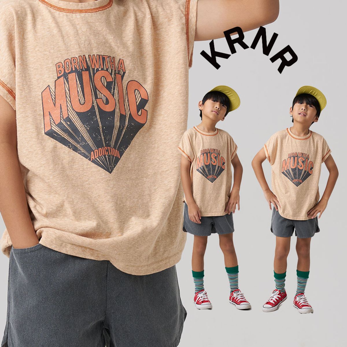 쿠르나르(KRNR) 스티치 배색 뮤직 반팔티셔츠