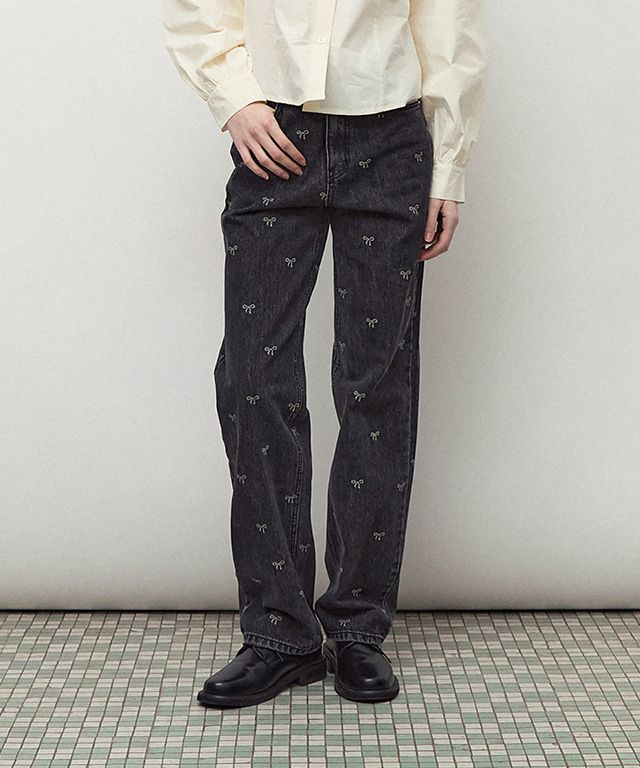 【RonRon】★RIBBON PRINTED DENIM PANTS MUSINSA | RONRON RIBBON PRINTED DENIM PANTS BLACK