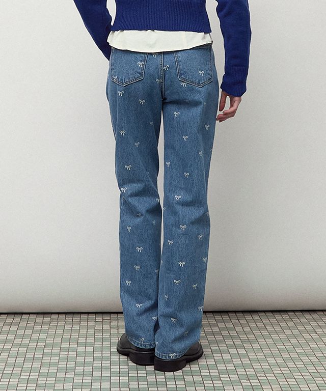 MUSINSA | RONRON RIBBON PRINTED DENIM PANTS MEDIUM BLUE