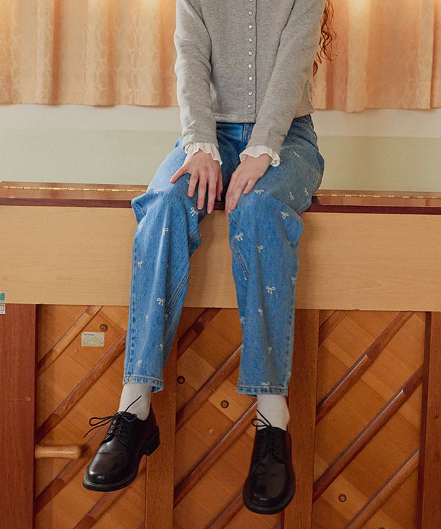 MUSINSA | RONRON RIBBON PRINTED DENIM PANTS MEDIUM BLUE