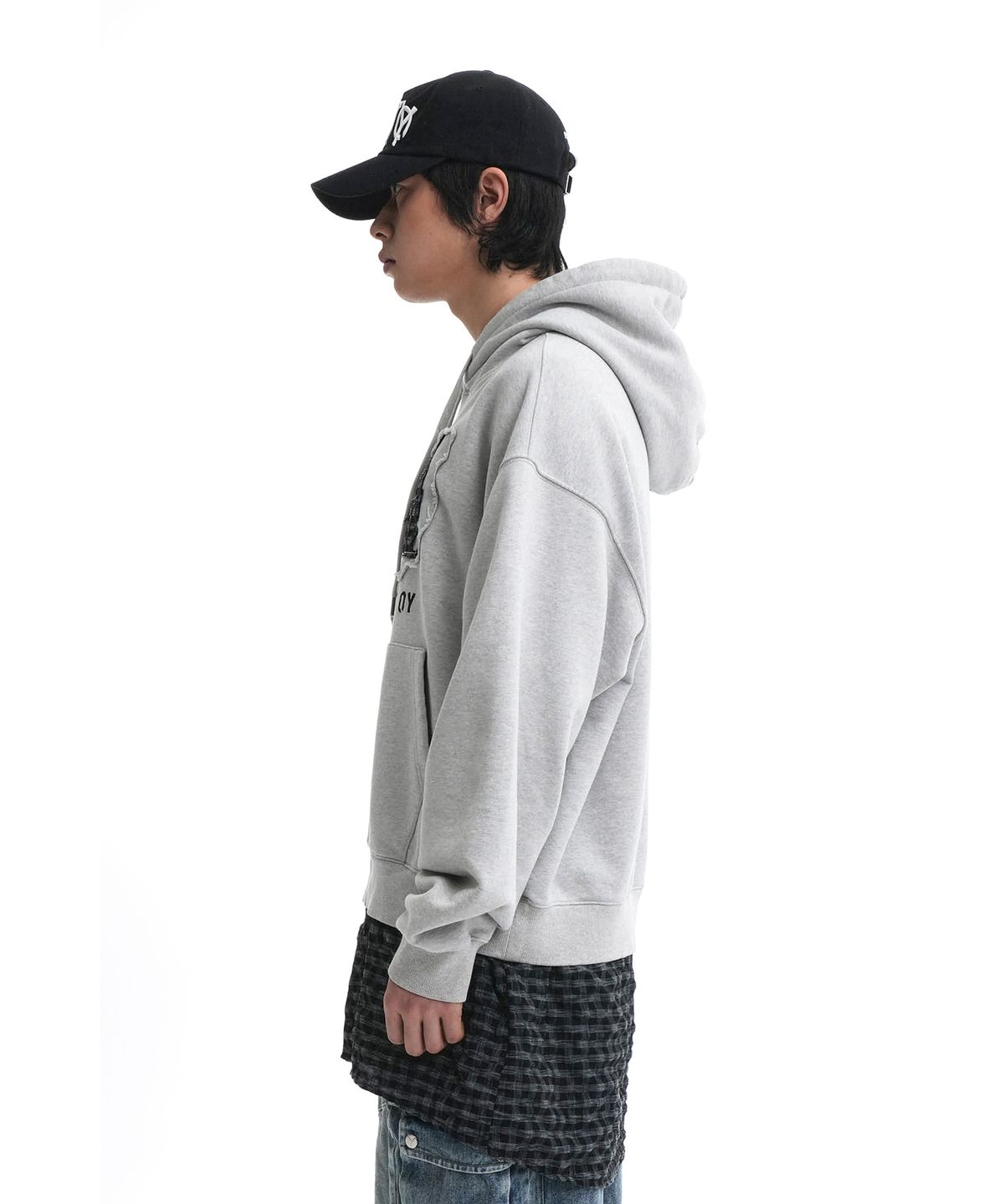 오픈야드(오와이)(OPENYARD(OY)) LAYERED CHECK SHIRTS HOODIE-LIGHT GREY