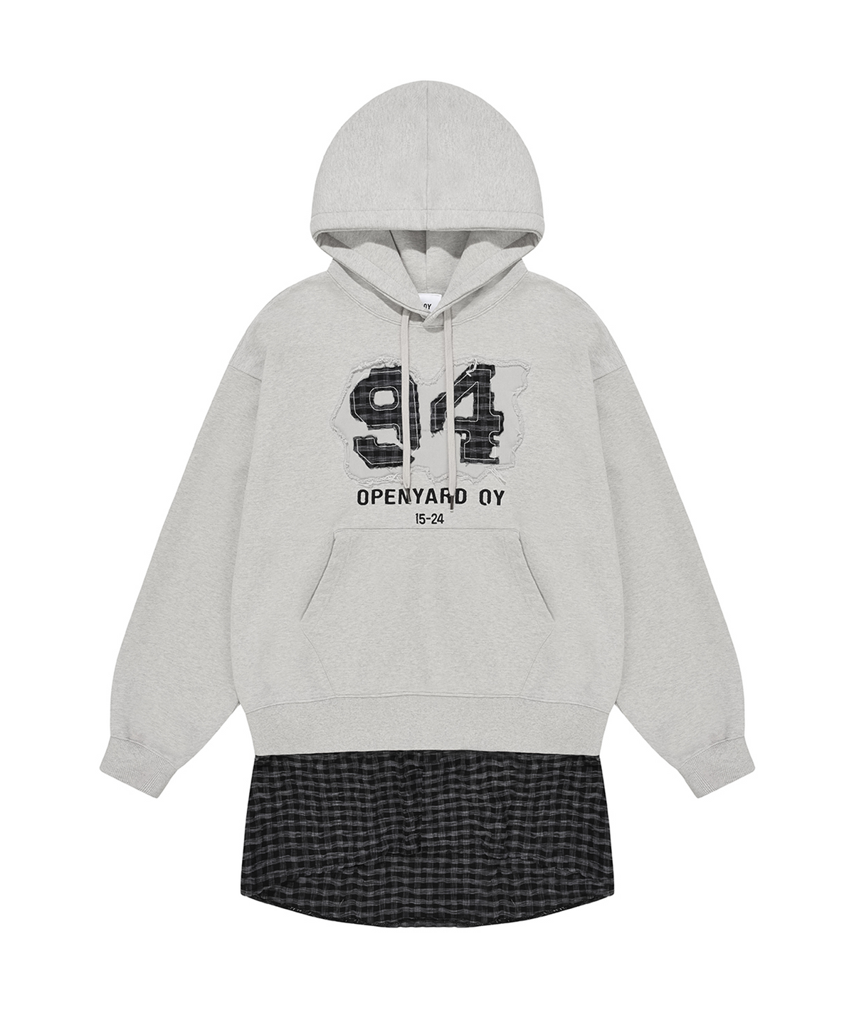 오픈야드(오와이)(OPENYARD(OY)) LAYERED CHECK SHIRTS HOODIE-LIGHT GREY
