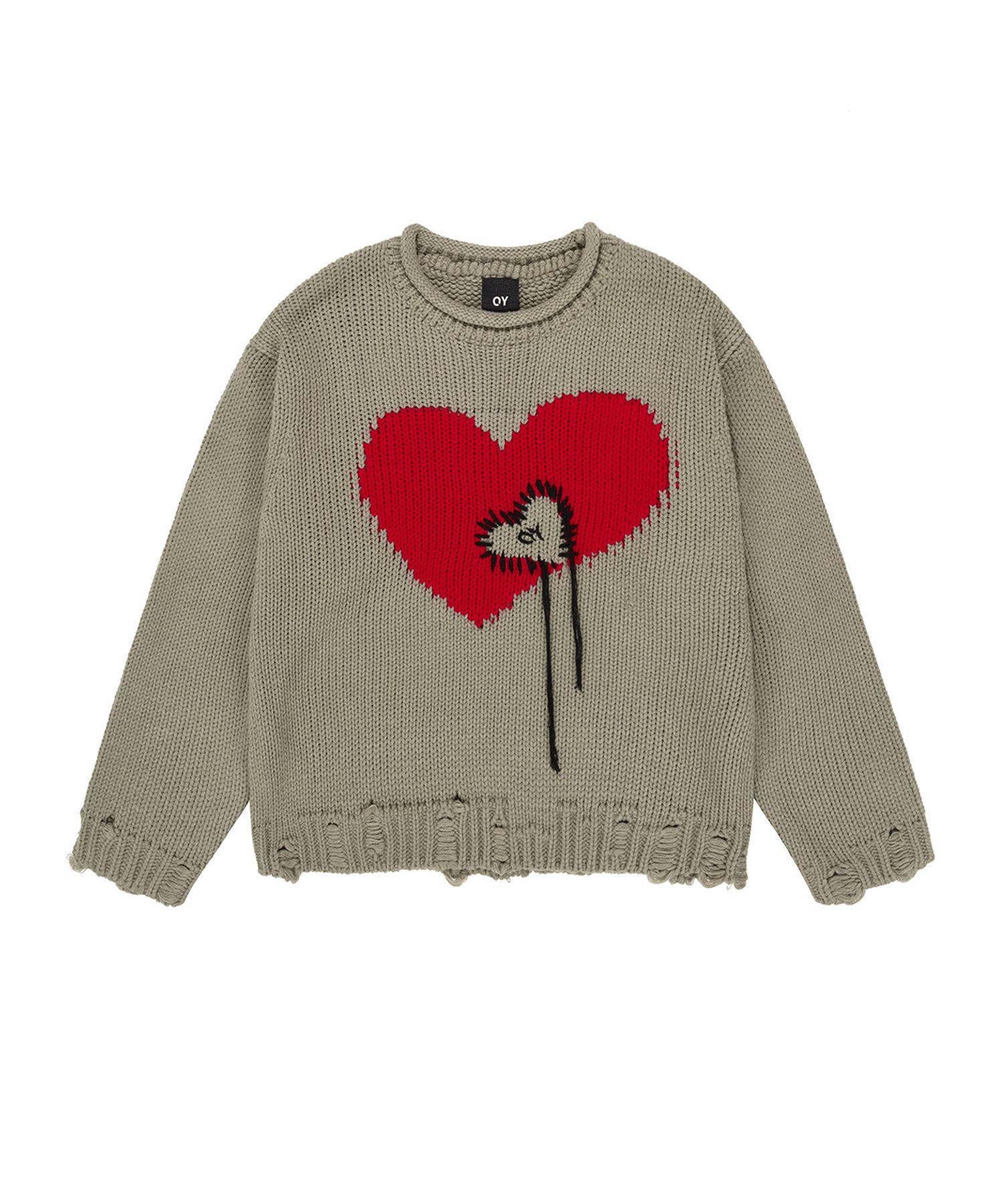 MUSINSA | OY HEART STITCH DESTROYED KNIT - KHAKI