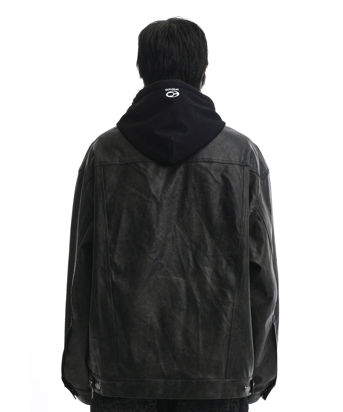 오픈야드(오와이)(OPENYARD(OY)) VINTAGE VEGAN LEATHER HOODIE TRUCKER JACKET-BLACK