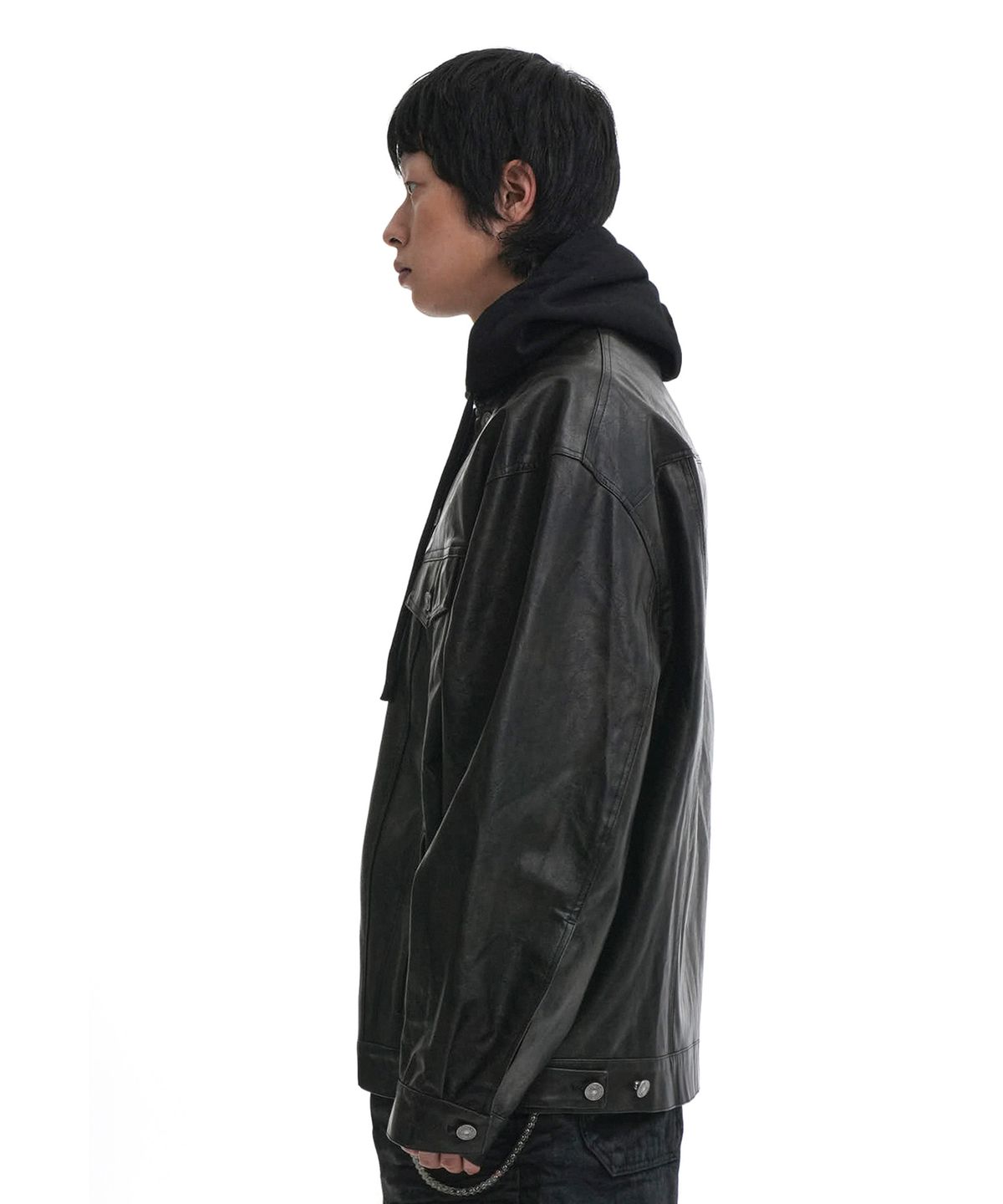 오픈야드(오와이)(OPENYARD(OY)) VINTAGE VEGAN LEATHER HOODIE TRUCKER JACKET-BLACK