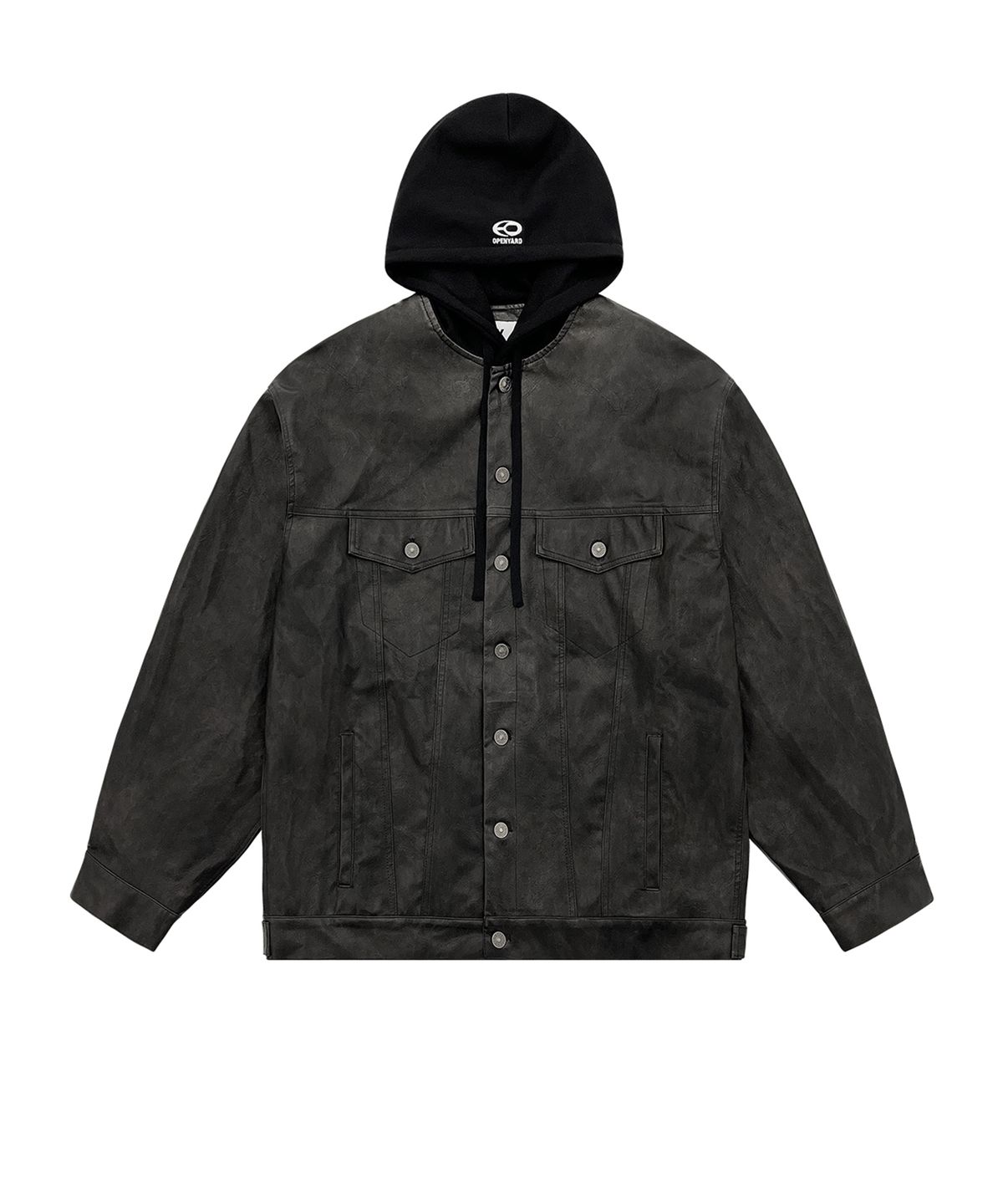 오픈야드(오와이)(OPENYARD(OY)) VINTAGE VEGAN LEATHER HOODIE TRUCKER JACKET-BLACK