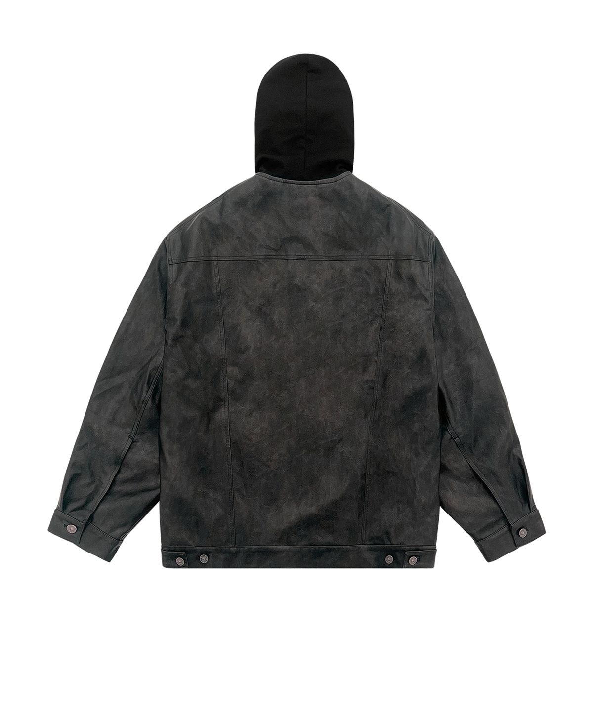 오픈야드(오와이)(OPENYARD(OY)) VINTAGE VEGAN LEATHER HOODIE TRUCKER JACKET-BLACK
