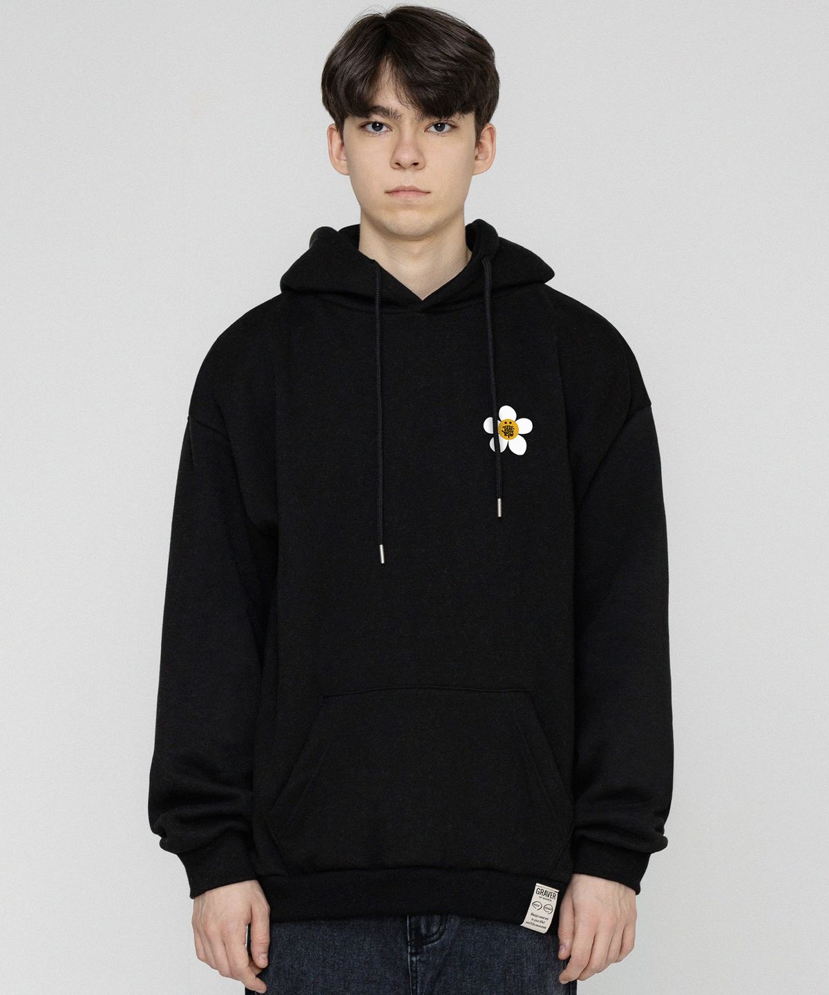 그레이버(GRAVER) [UNISEX]TYL 스몰 플라워 도트 스마일 후드티_블랙