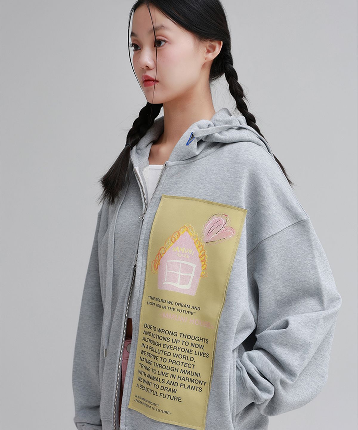 뮤니 프로젝트(MMUNI PROJECT) MMUNI HOUSE 3겹 덧댐 그래픽 오가닉 후드집업